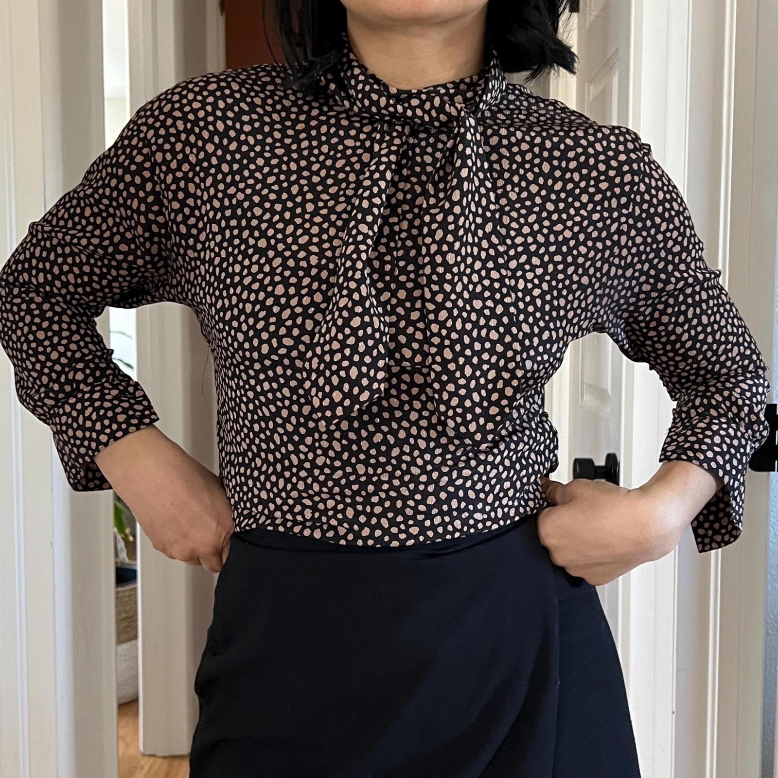 vtg 80s animal spot XS cravat button down blouse brown black neutrals