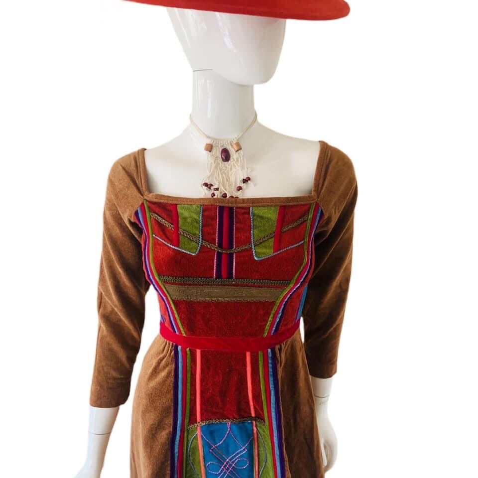 Vtg 60’s-70’s Corduroy Patchwork Renaissance Revival Prairie Dress