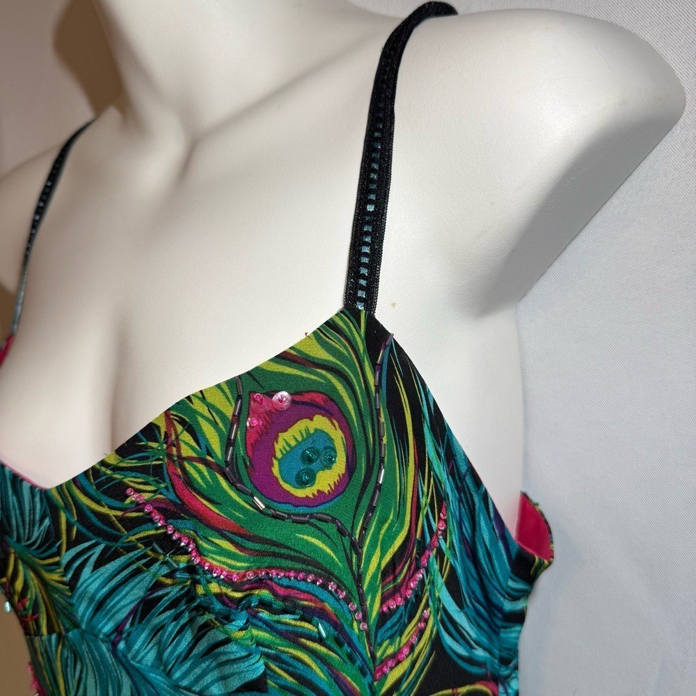 Nanette Lepore 100% Silk Peacock Feather Beaded Slip Dress Y2K Size 4 Rare
