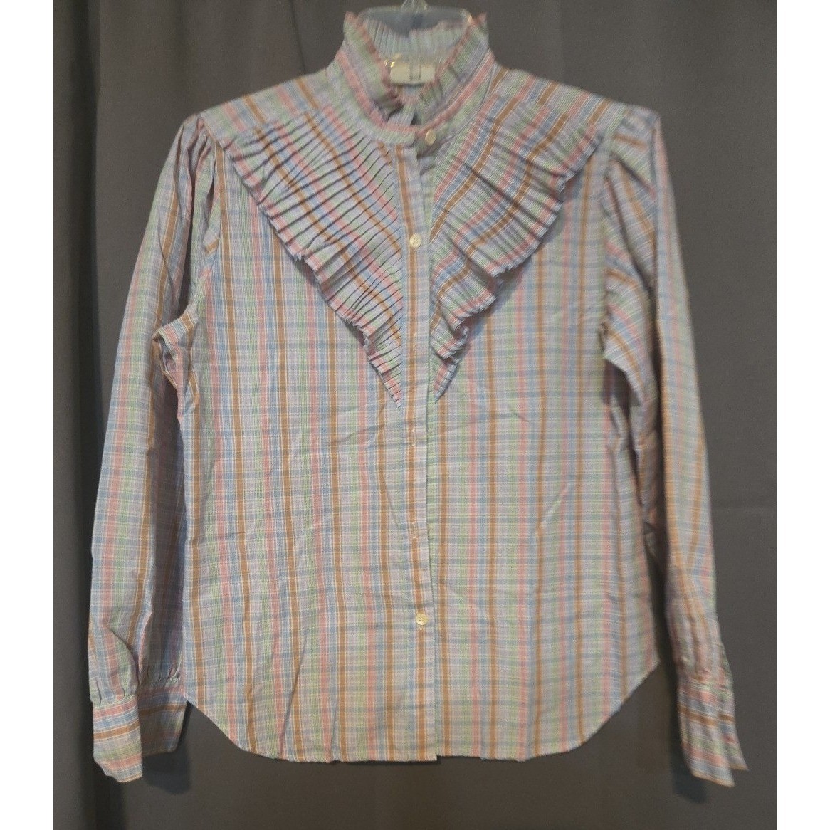 Levi Strauss Plaid Pastel Ruffle High Neck Blouse, Vintage Woman’s Size 8