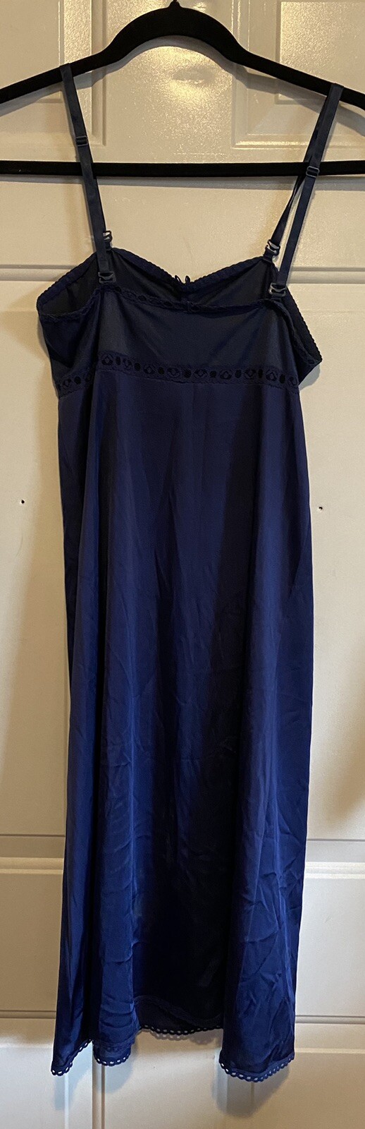 Vintage Vanity Fair Dark Blue Slip Dress Size 32L Lace Trim Nightwear Adjustable