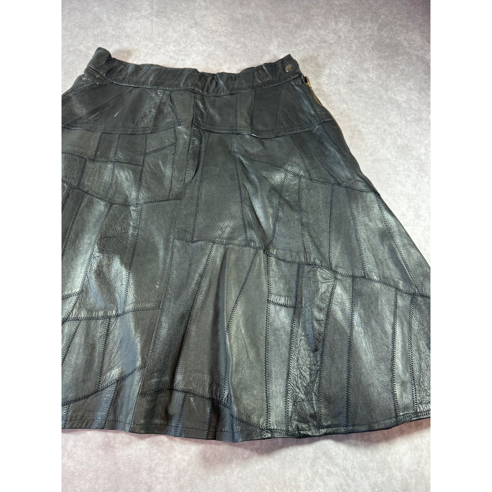 Vintage Italian Leather Patchwork Skirt Black Mosaic ZigZag Stitch A-Line Rare