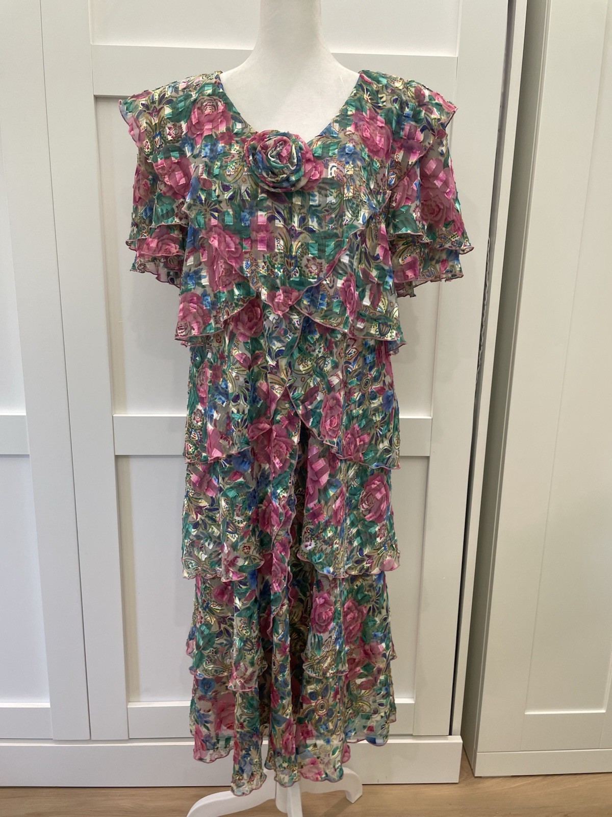 Vintage Ann Hobbs for Cattiva I. Magnin Floral Ruffle Maxi Dress 80s 90s Tiered