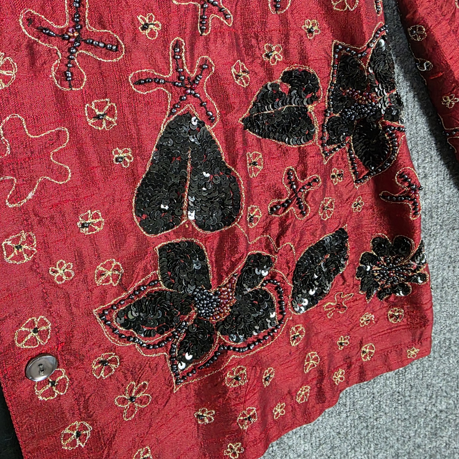 Chicos Dupioni Silk Beaded Shirt Womens XL Red Asian Art To Wear Sequin Vintage