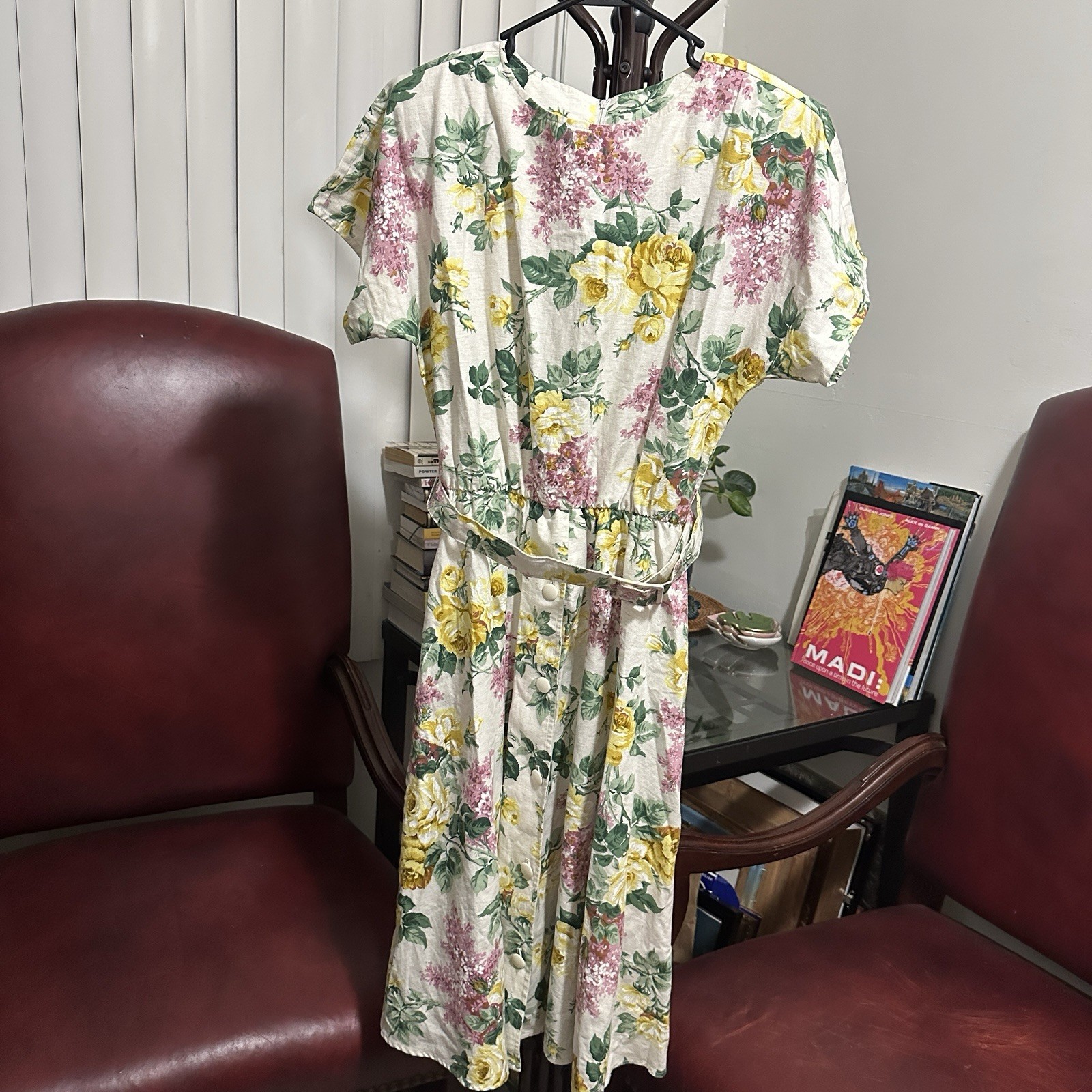Vtg 80s California Looks Floral Midi Dress Cotton Linen Belted Made in USA 12P