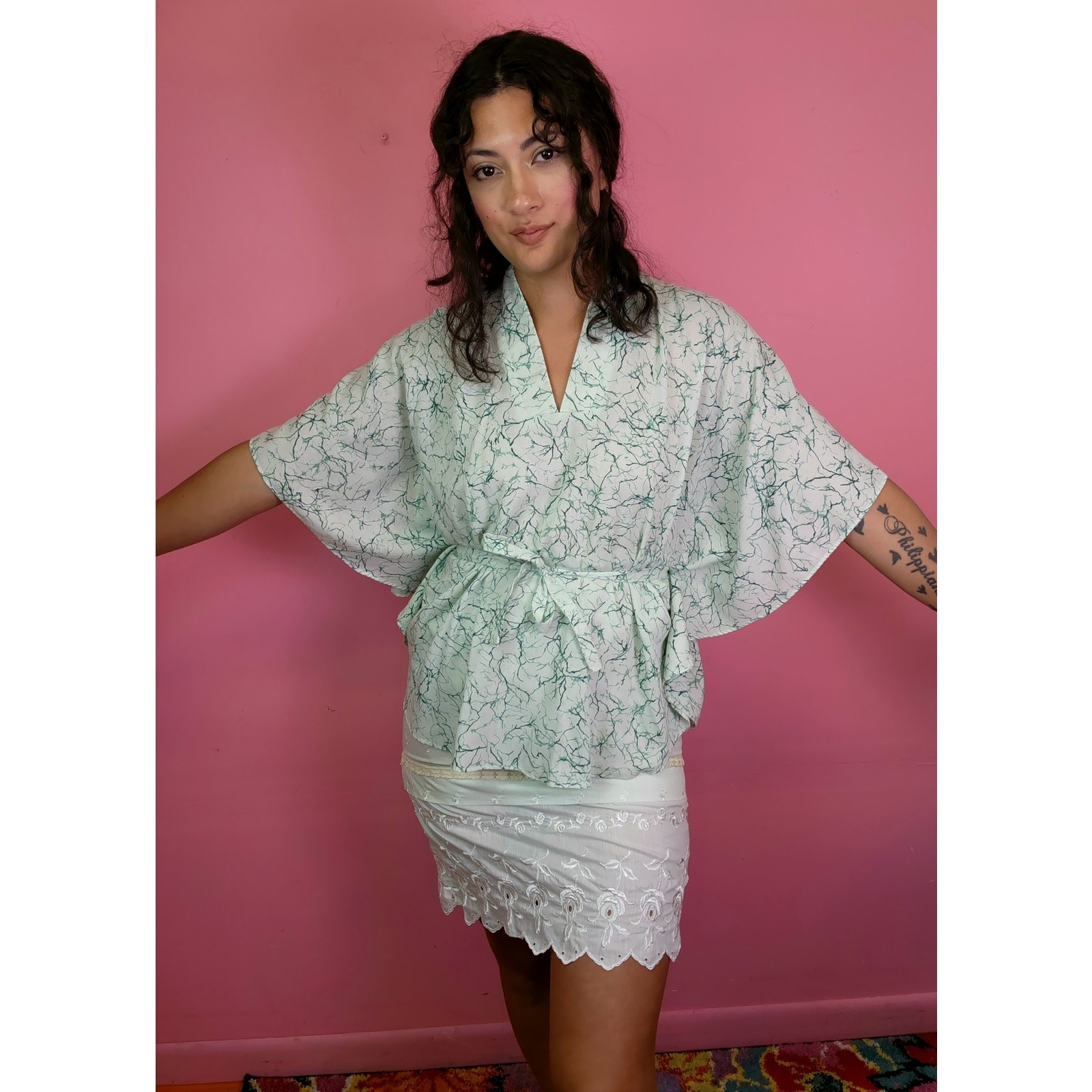 Vintage 1970’s Sage Green Marbled Halftan Caftan Blouse Made in Hawaii