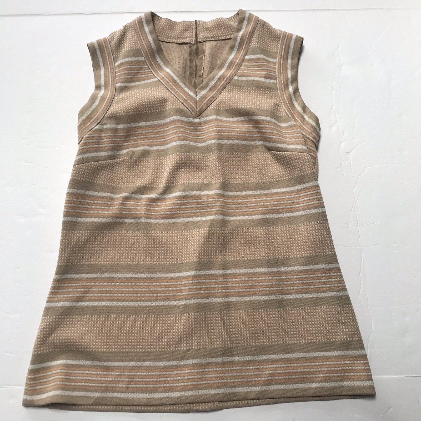 Vintage 60s 70s Women Small Medium Top Striped Knit Tennis Preppy Mod Beige Tank