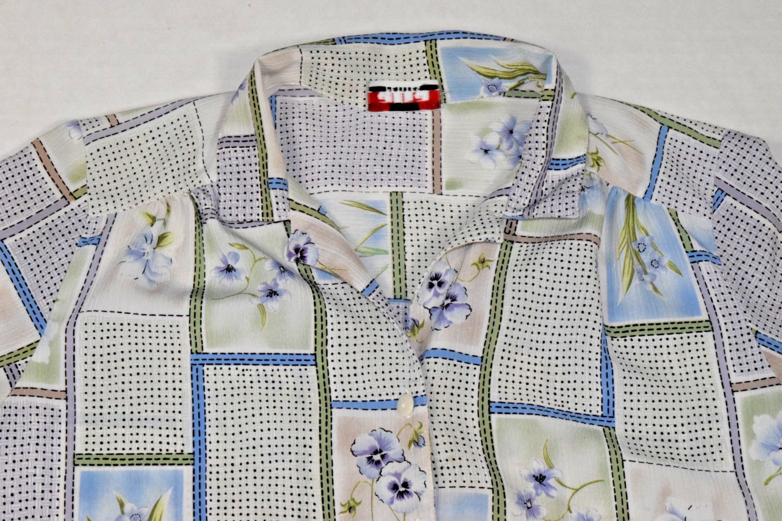 Vintage Alia Blouse Size M/L 80s Blue Green Patchwork Floral Button Front