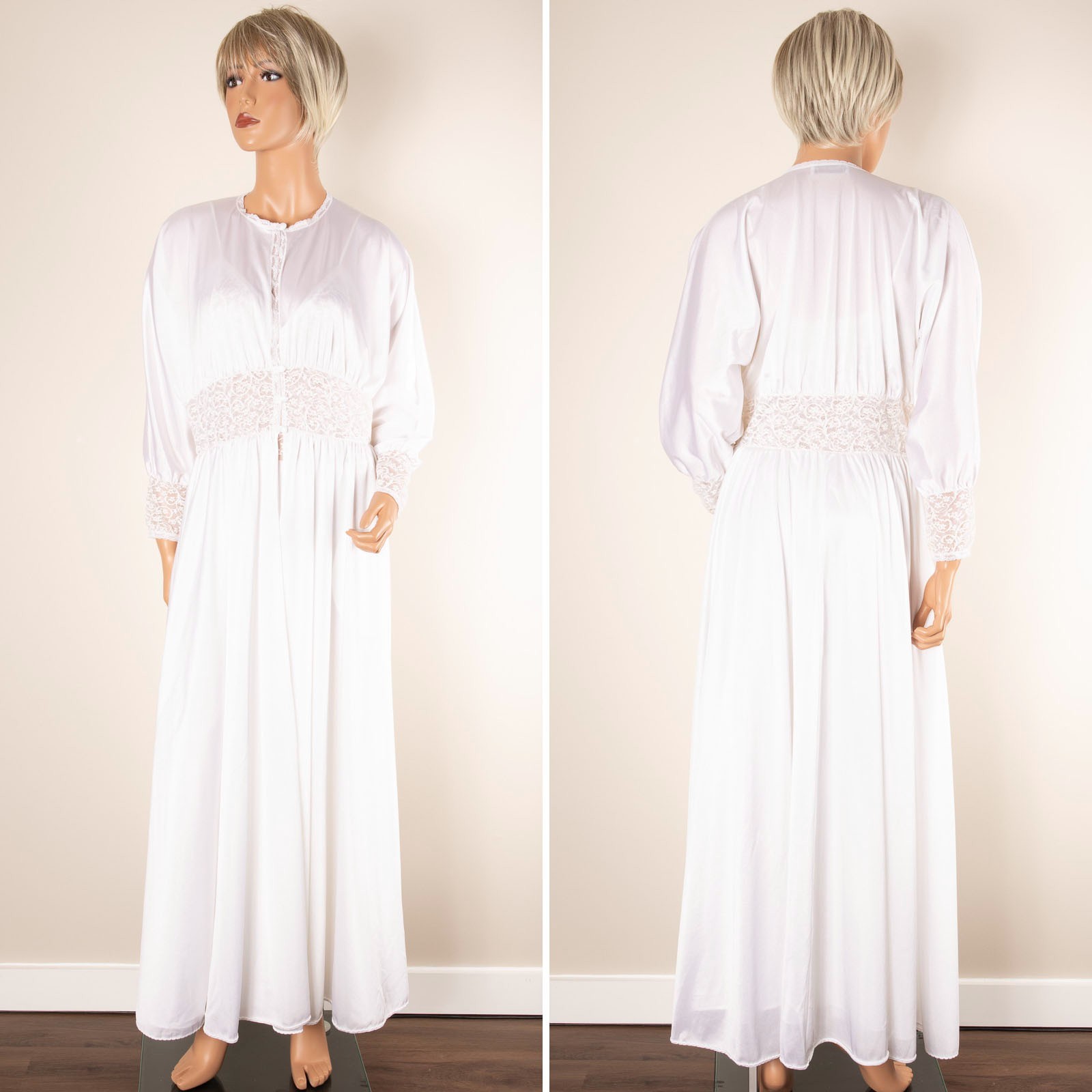 VTG VASSARETTE Peignoir Set White LARGE Stretch Lace Bodice Gown & Robe Bridal