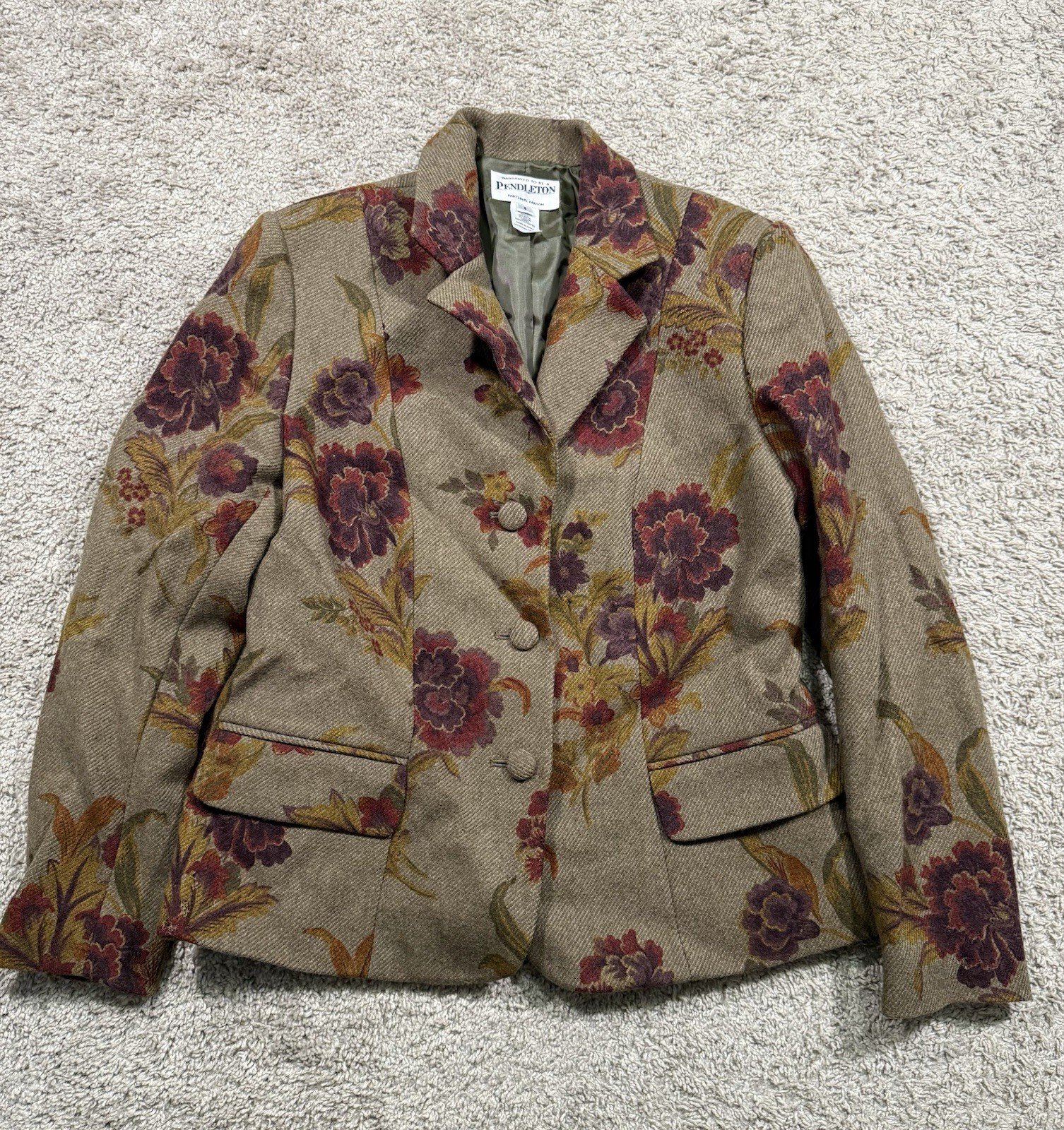 PENDELTON Vintage Wool Floral Blazer Beige Quiet Luxury Old Money Herringbone 6