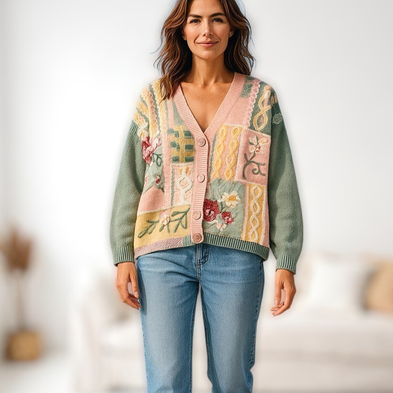Cervelle Women Patchwork Sweater Cable Knit Large Embroidered Grannycore Vintage