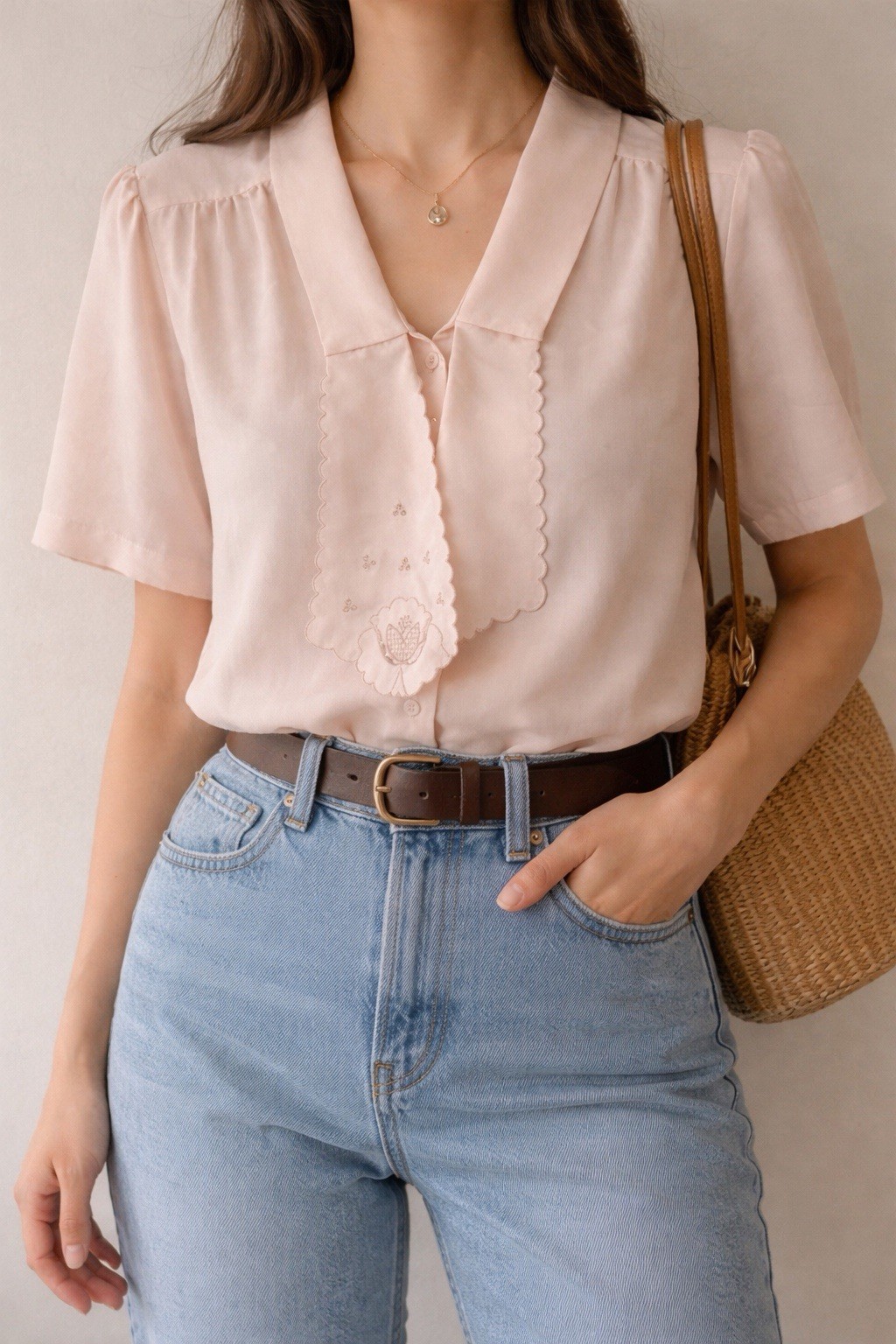 Vintage 90s Nikki Embroidered Tie-Knot Collar Button Blouse Blush Shirt Sz M/L
