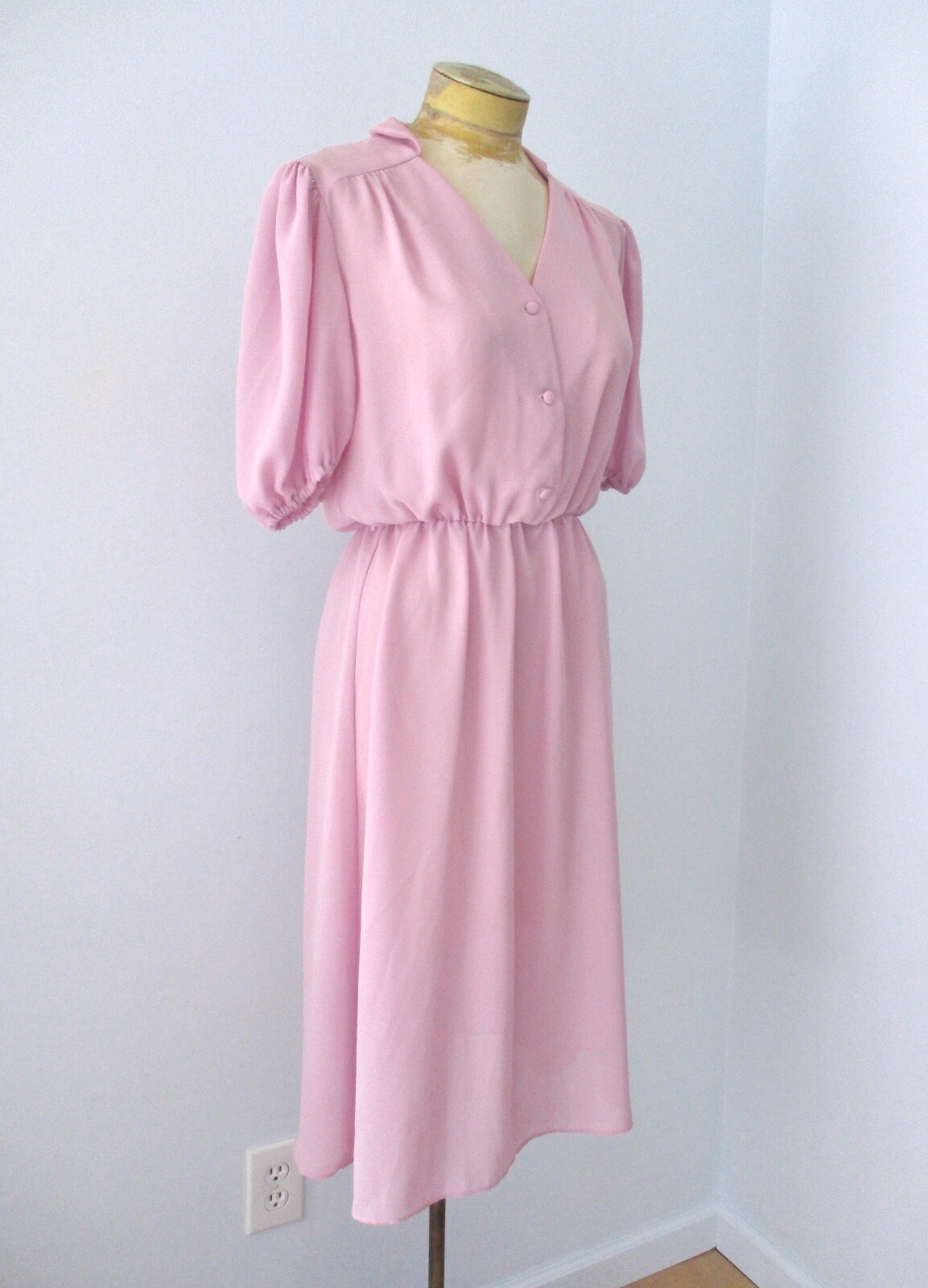 Vtg 70s Lilac Purple Sheer Poly Chiffon Shirtwaist Secretary Dress Puff Sleeve 8