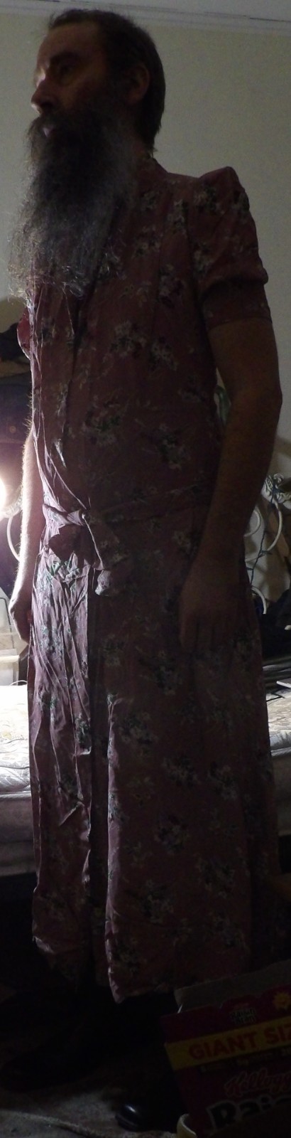 Vtg 1940s Wrap Dress Hooverette Pink Floral 60″ Tall Padded Shoulders