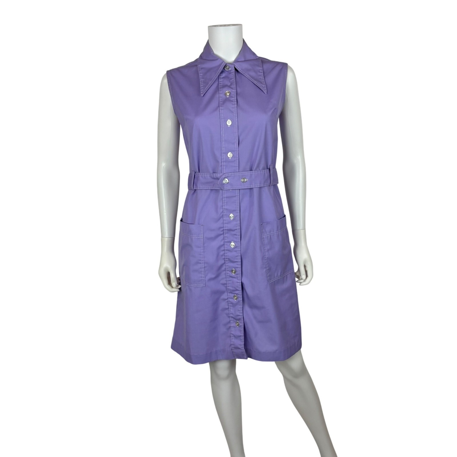 Vintage 70s Lavender Dress Womens S Mini Dagger Collar Waitress Canvas