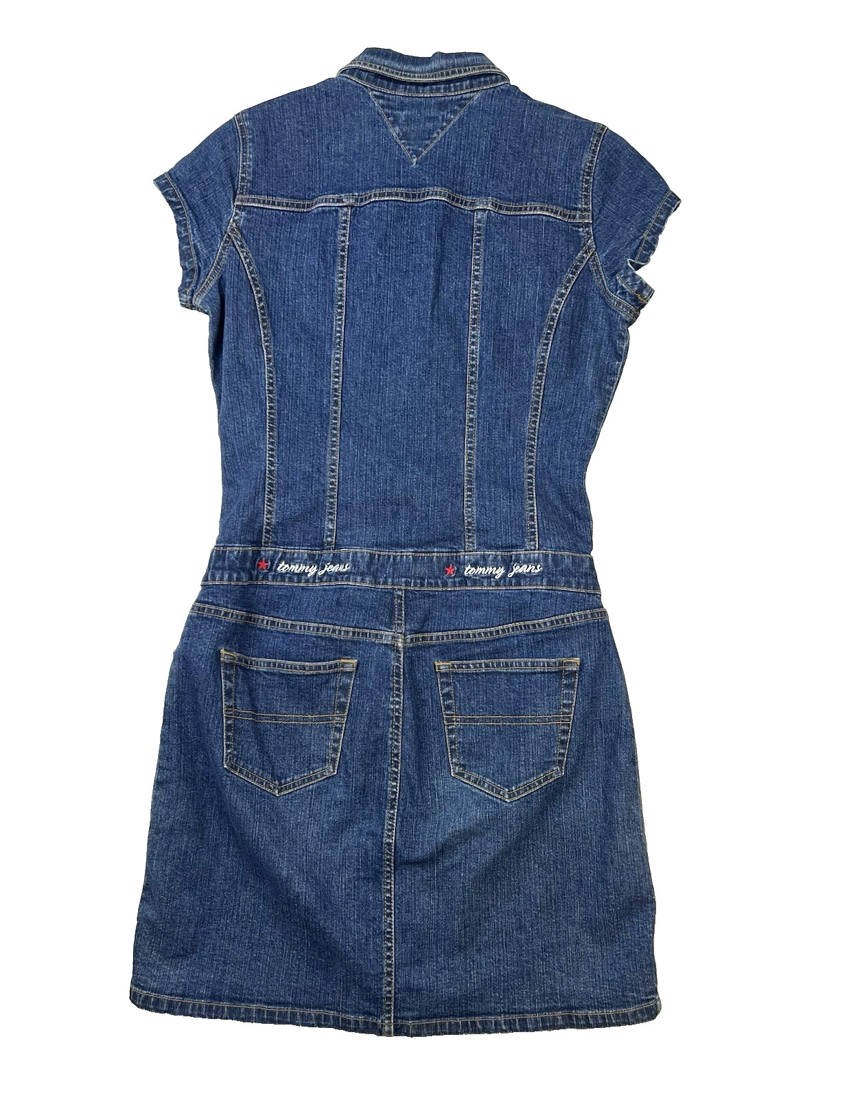 Vtg 90s Y2K Tommy Hilfiger S/S Denim Dress Womens Sz M Drop Waist Button Front