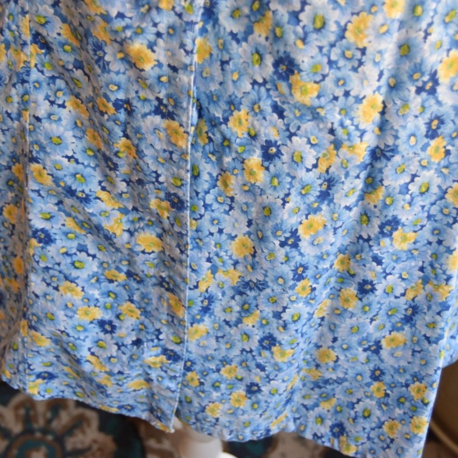 Vintage 70s Blue Yellow Floral Cotton A-Line Skirt Pockets 28 Waist XS