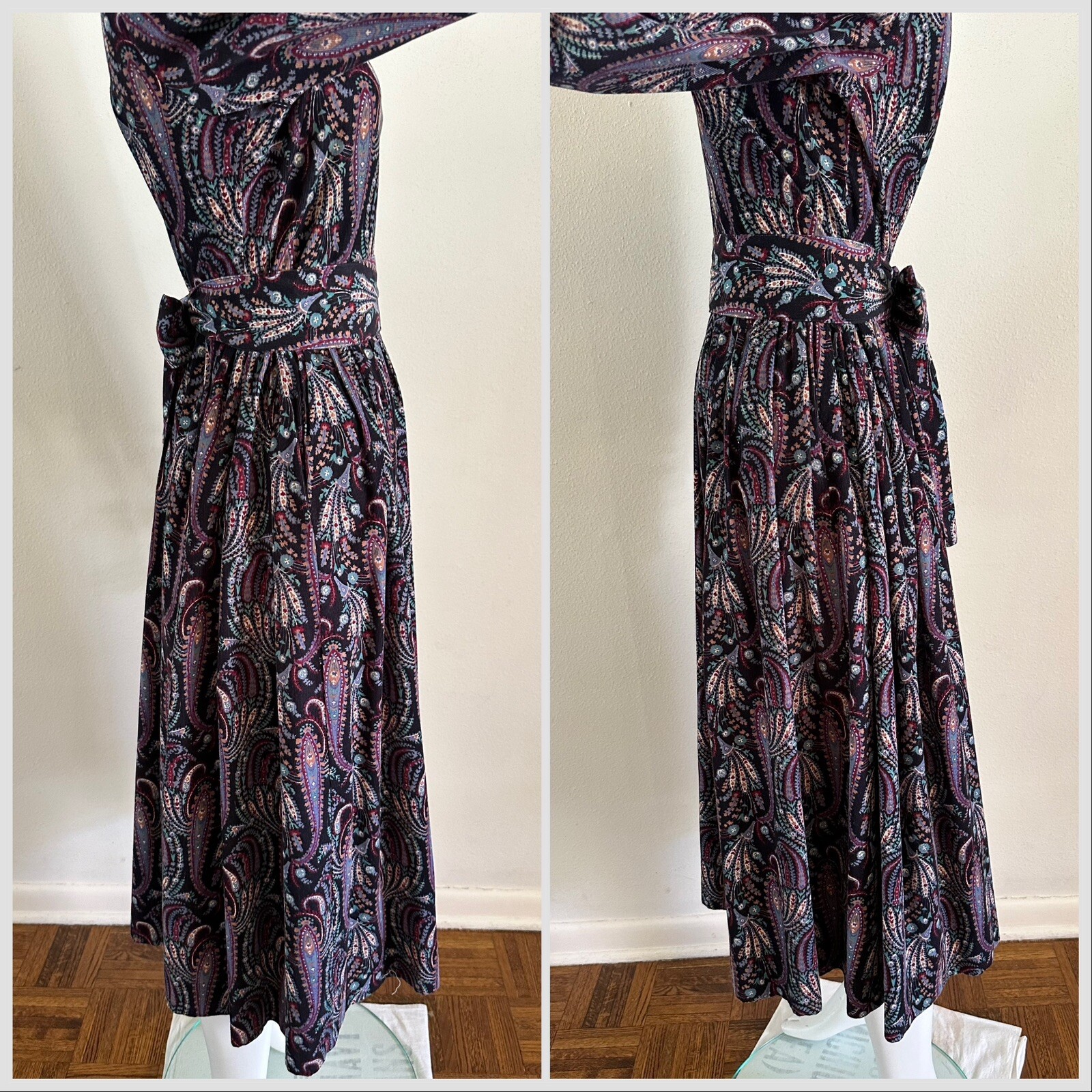 1980s Laura Ashley Paisley Floral Corduroy Dress Puff Sleeve Party Prairie VTG