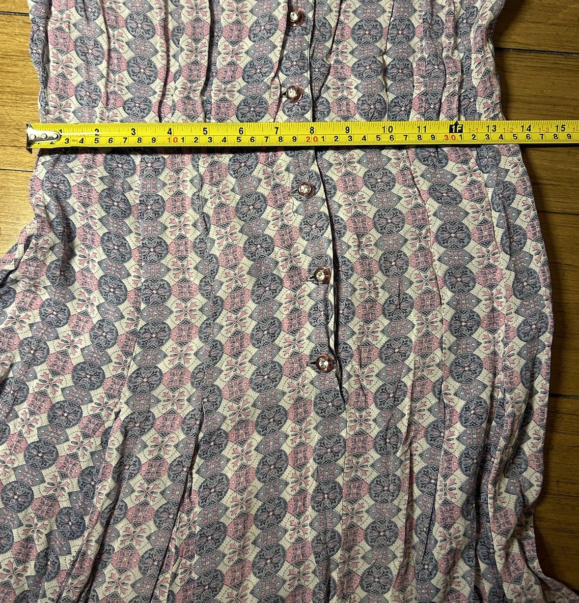 Vintage Rayon Pink Dress With Jeweled Buttons, 27 Inch Waist, Sheer