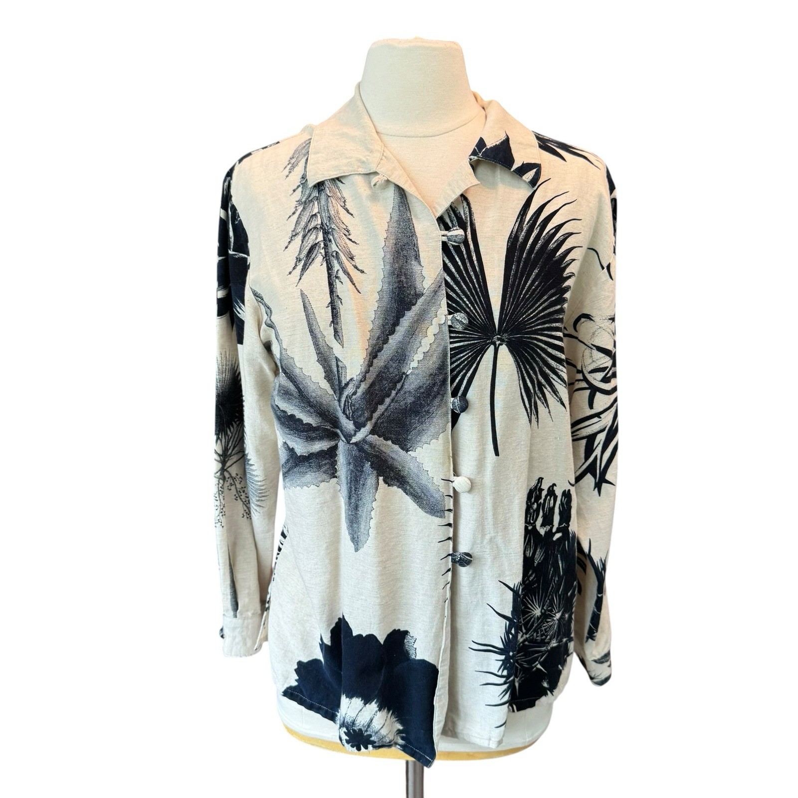 VTG 80/90s Barry Bricken Blouse Botanical Boutique Blue Linen Women’s Medium