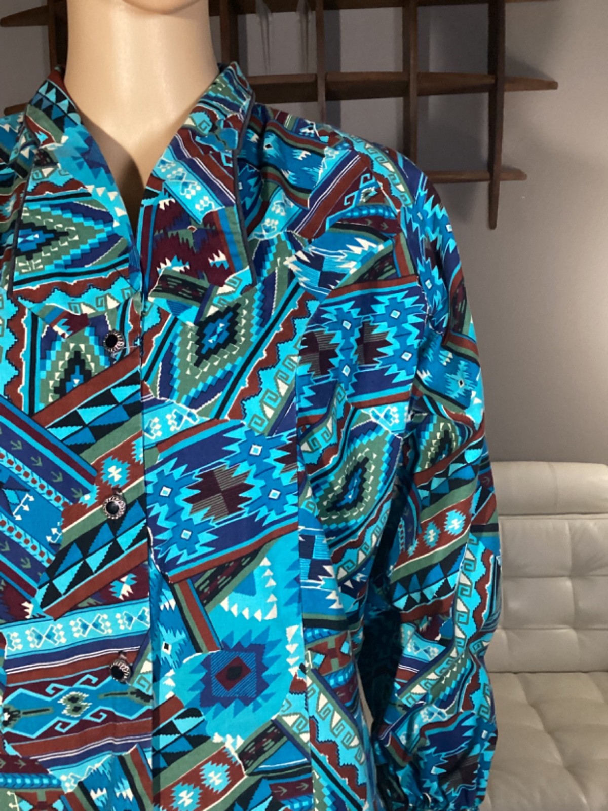 Vintage 90s Banjo Dallas Texas Womens Sz Small Western Shirt Aztec Aqua Blue