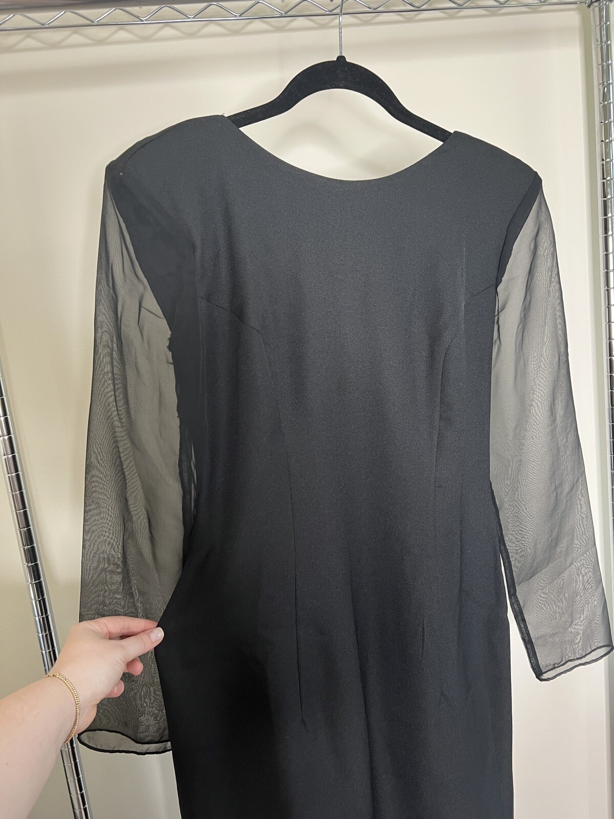 Vintage HW Collections Sz 10 Black Formal Sheath Dress Sheer Sleeves Big Bow 90s