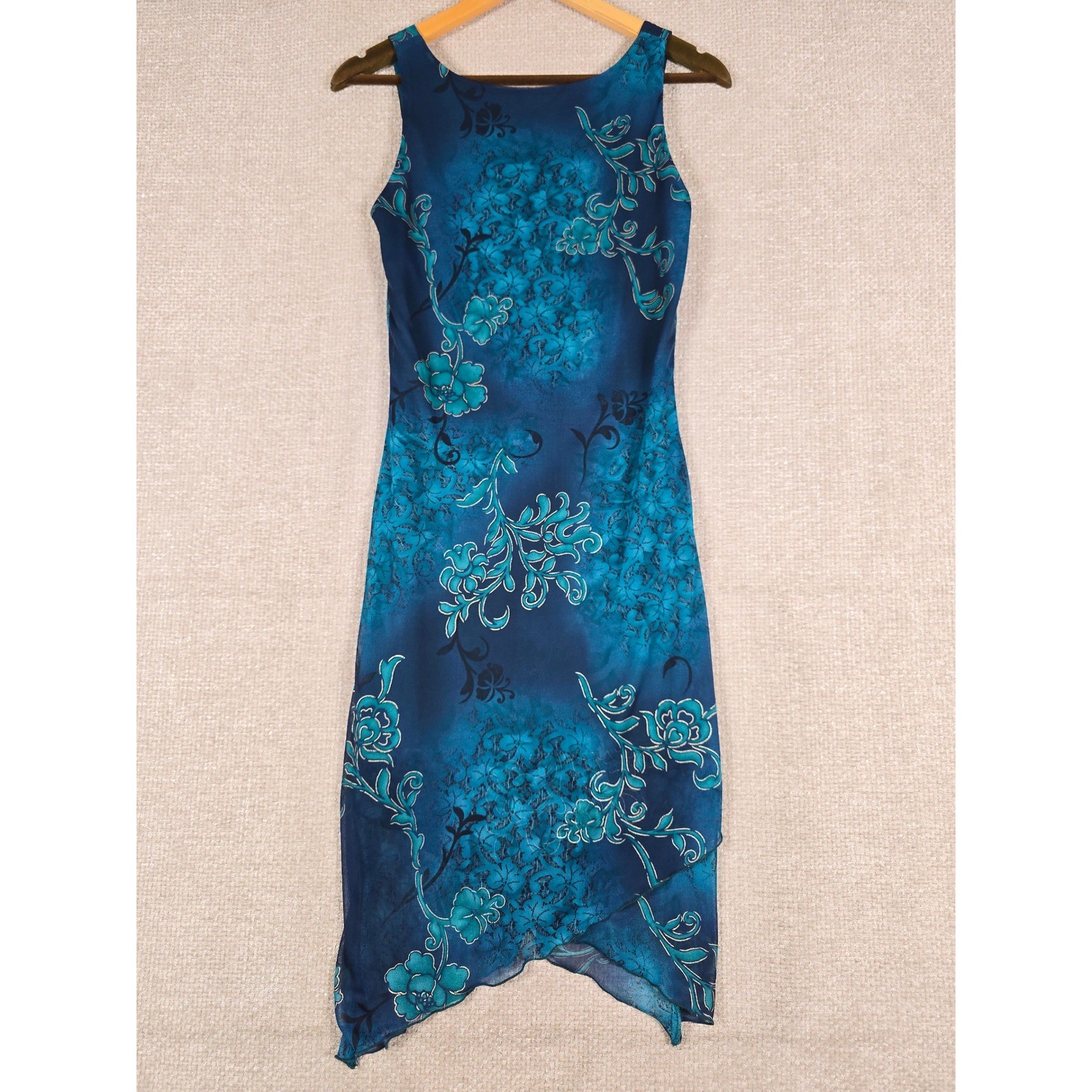 Vintage Byer Too Dress Womens Medium Blue Floral Mesh Asymmetrical Y2K Made USA