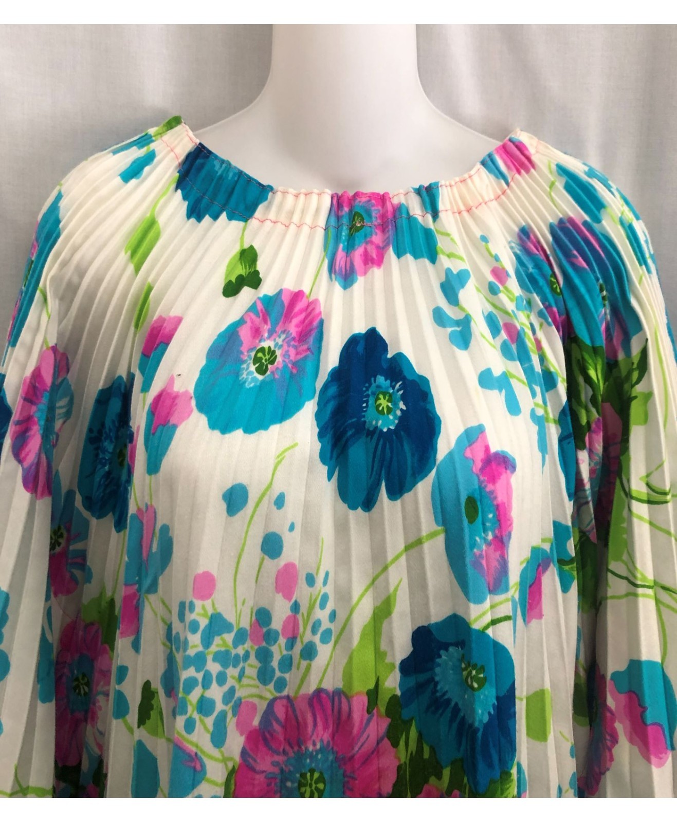 Vintage 70s Neon Floral Caftan Tunic Accordion Pleat Size S-M