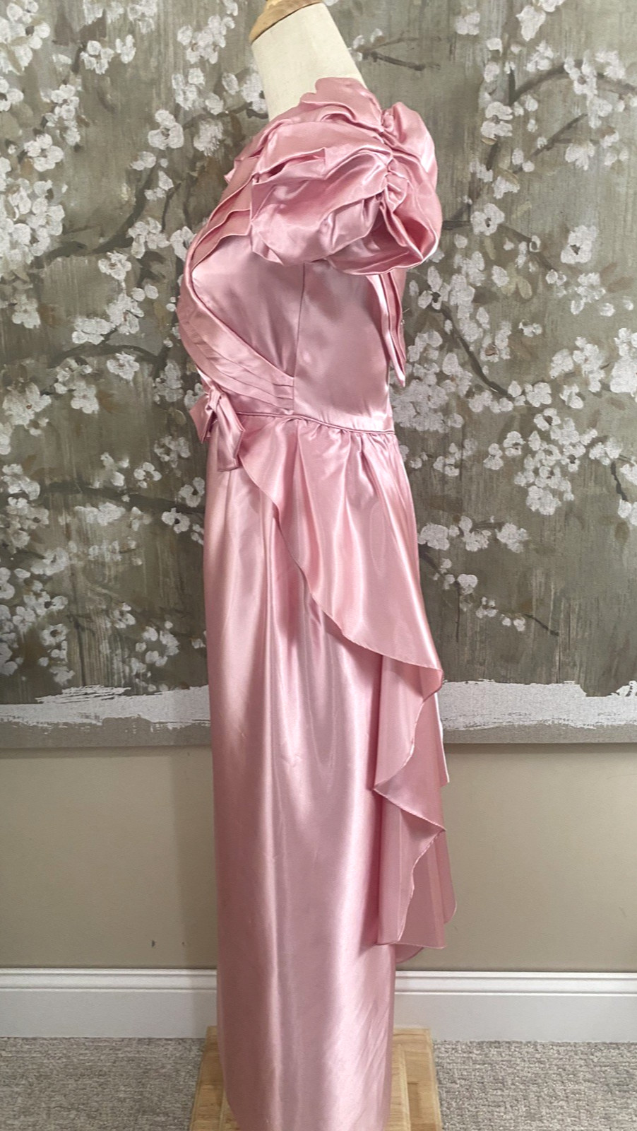 VTG 70’s Pink Satin Union Made Coquette Back Cascade Prom Bridesmaid Dress S