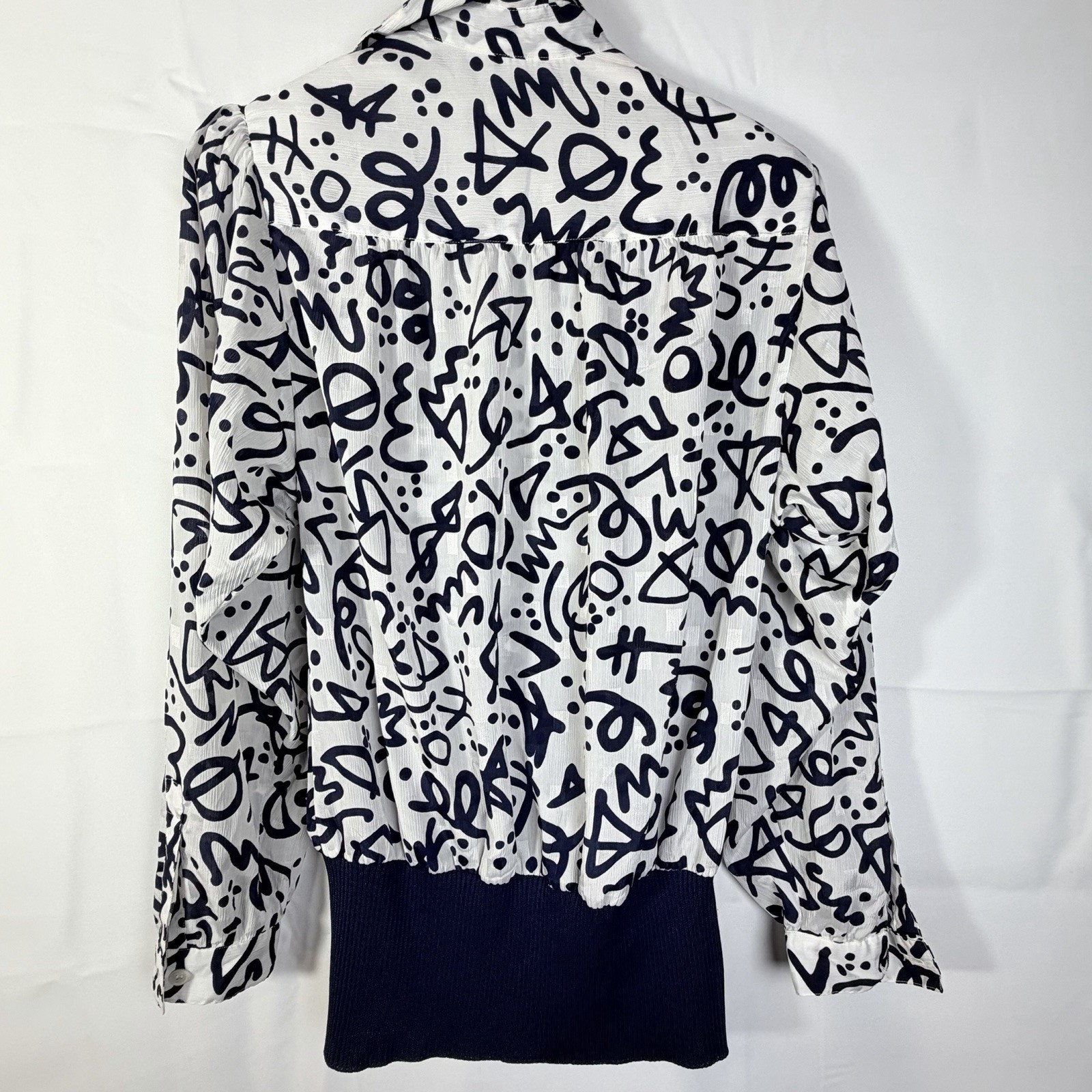 VTG 80s Liz Claiborne 2-Pc Blouson Top & Midi Skirt Navy Graffiti Print Small