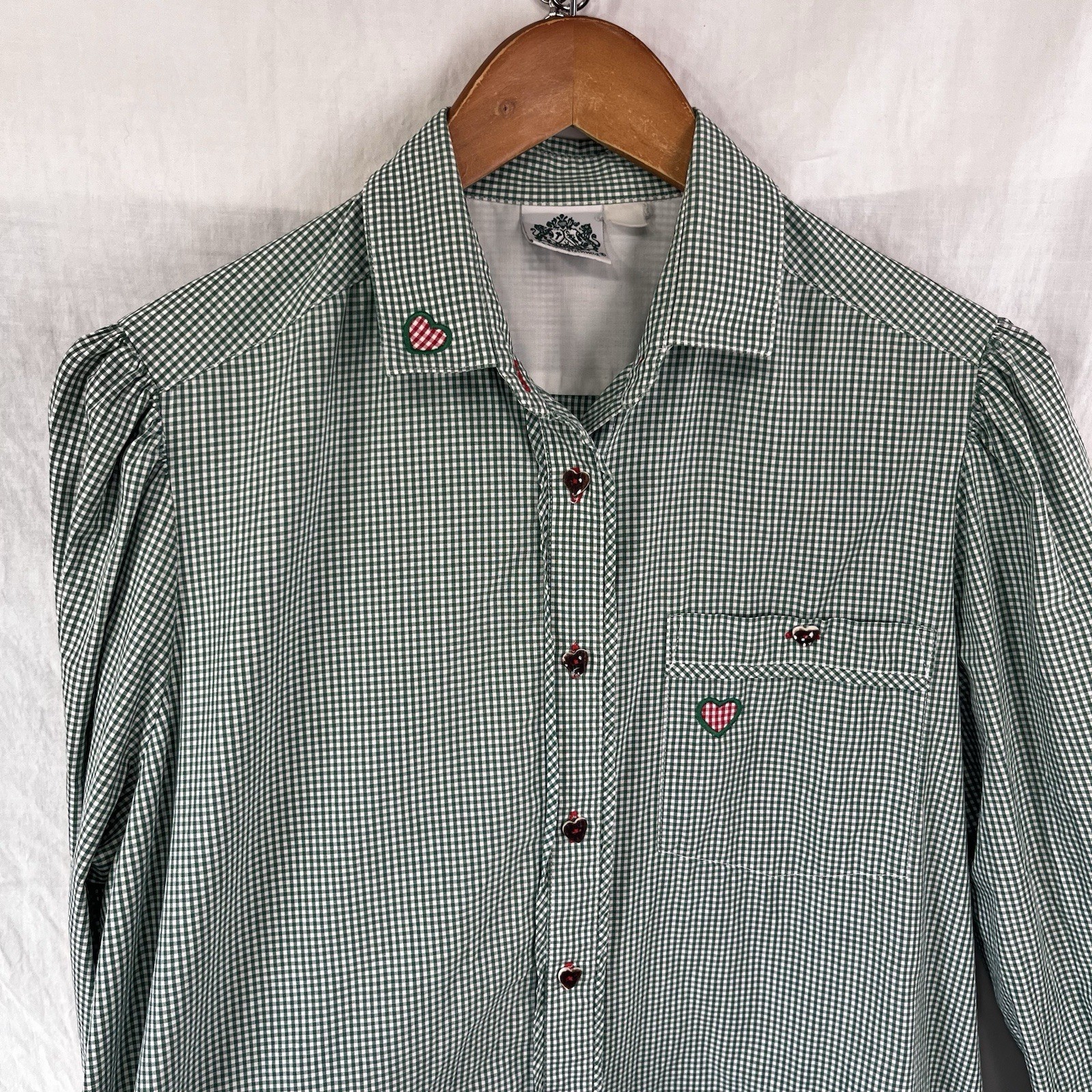 Hammerschmid Vintage Gingham Shirt Women Medium German Cotton Blouse Hearts Cute