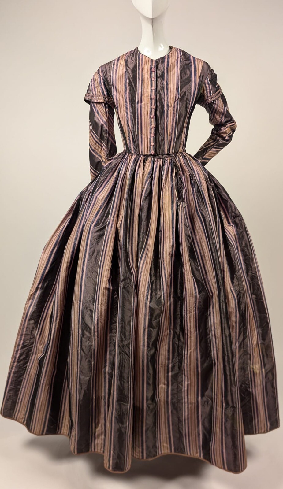 VIBRANT STRIPED HAND SEWN 1840’S SILK TAFFETA DRESS W EPAULETS