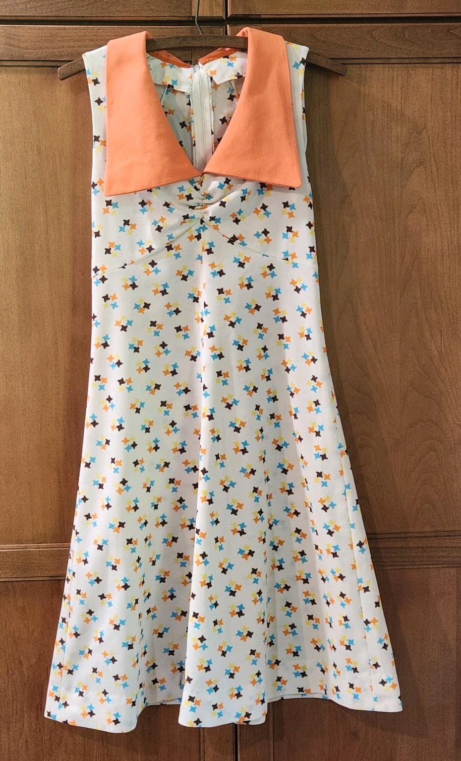 Vintage 1960’s Handmade Orange Teal White Pleated Collar Mod Dress Size Small