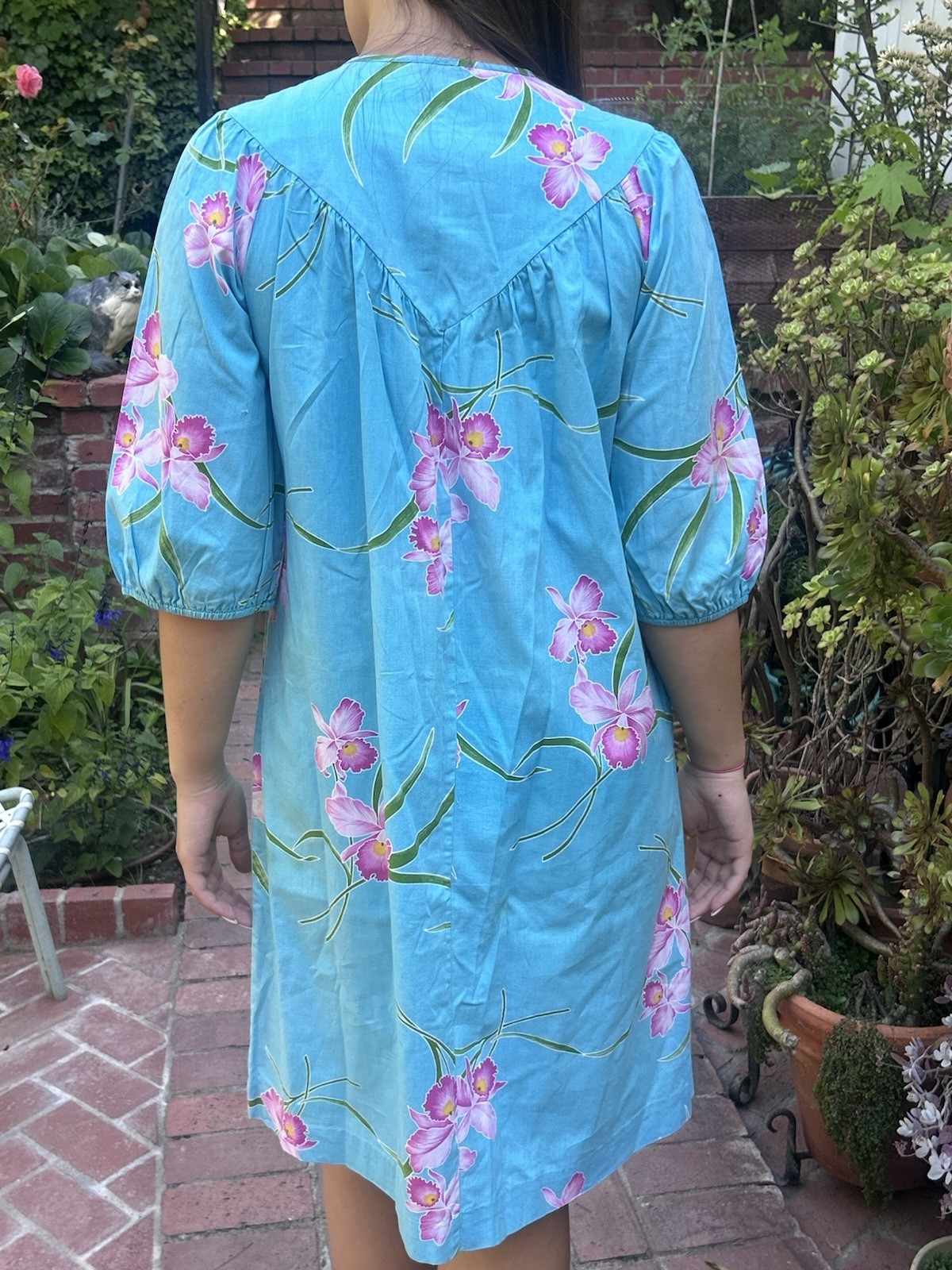 Vintage 70s 80s Nani Honolulu S Mumu Kaftan USA Orchids Turquoise