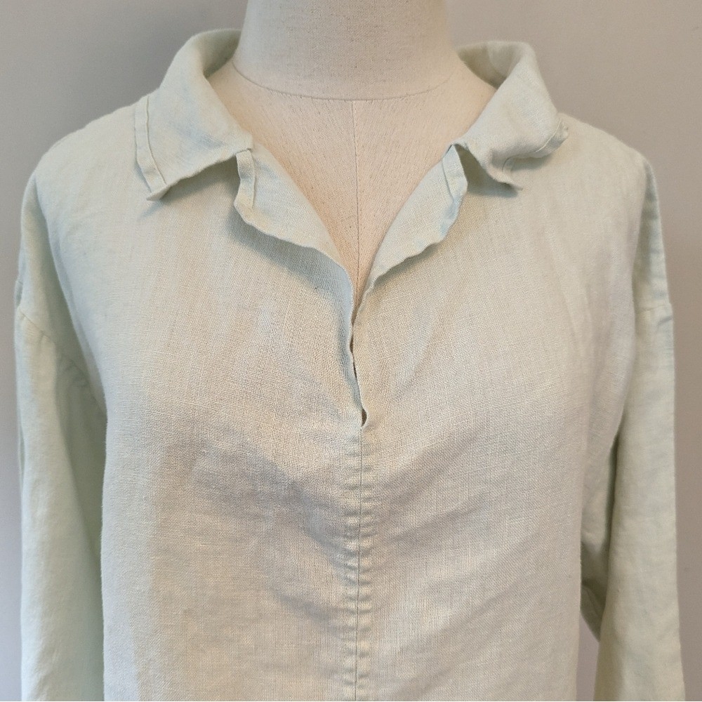 Vintage 90s Minimalist Sea Foam Linen Collared Top Women’s Medium Quiet Luxury