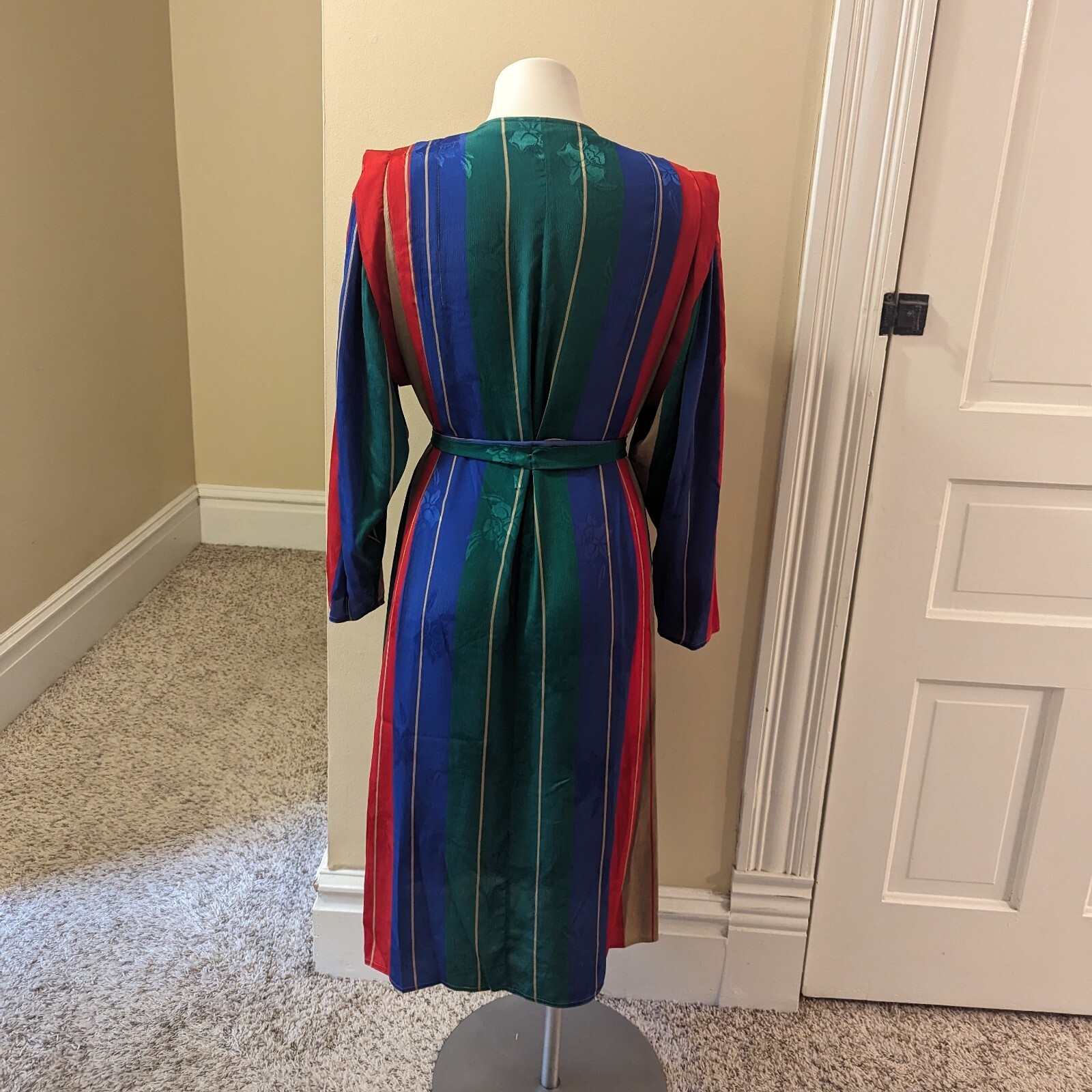 Vintage Cassidy red, blue, green and tan striped dress size 14