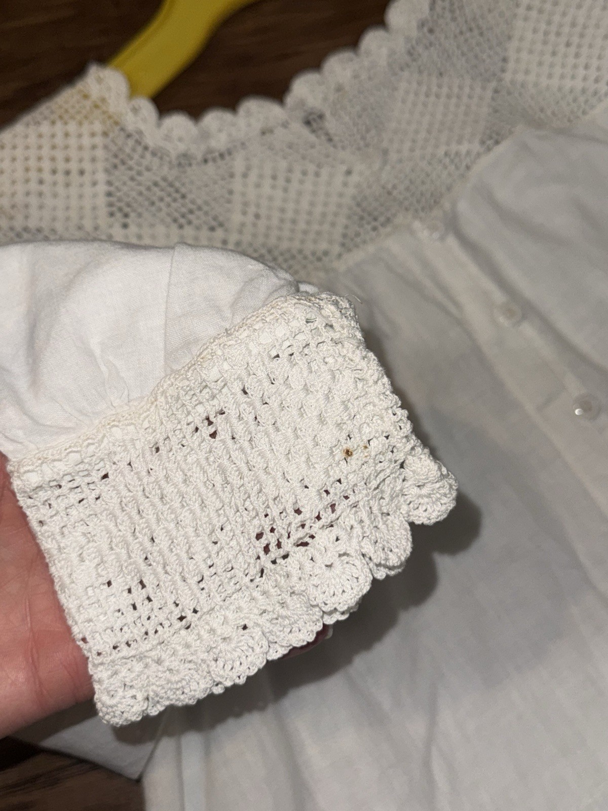 Antique 1900s Edwardian White Cotton Nightgown Hand Crochet Lace Yoke Cuffs