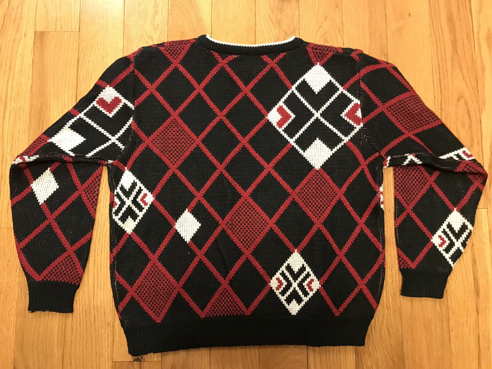 Vintage Suburban Petites Crewneck Sweater Red Black Geometric Pattern Large