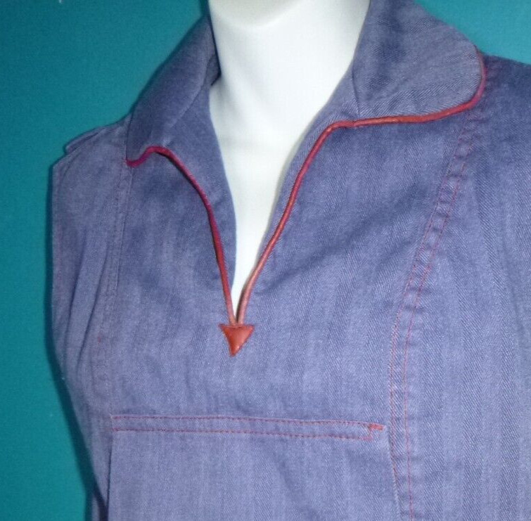 Vtg 70s Groovy The Suit Brand Blue Twill Top & Wide Leg Pants Pleather Trim Sz S