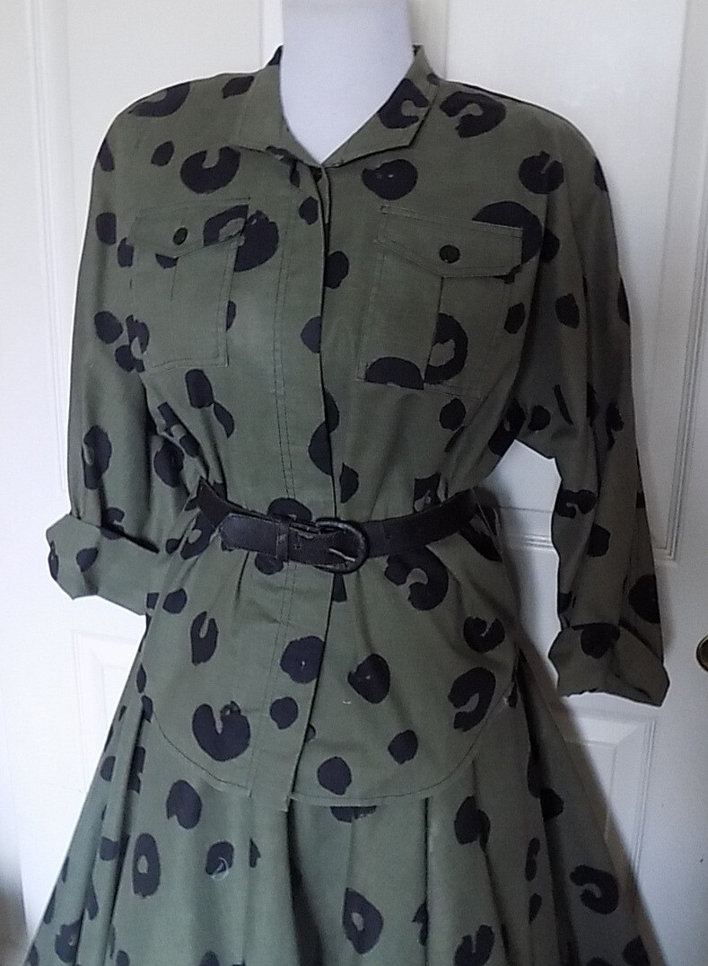 Vintage 80s Army Green Black Print Blouse Circle Skirt N.R. 1 by Ned Gould 12