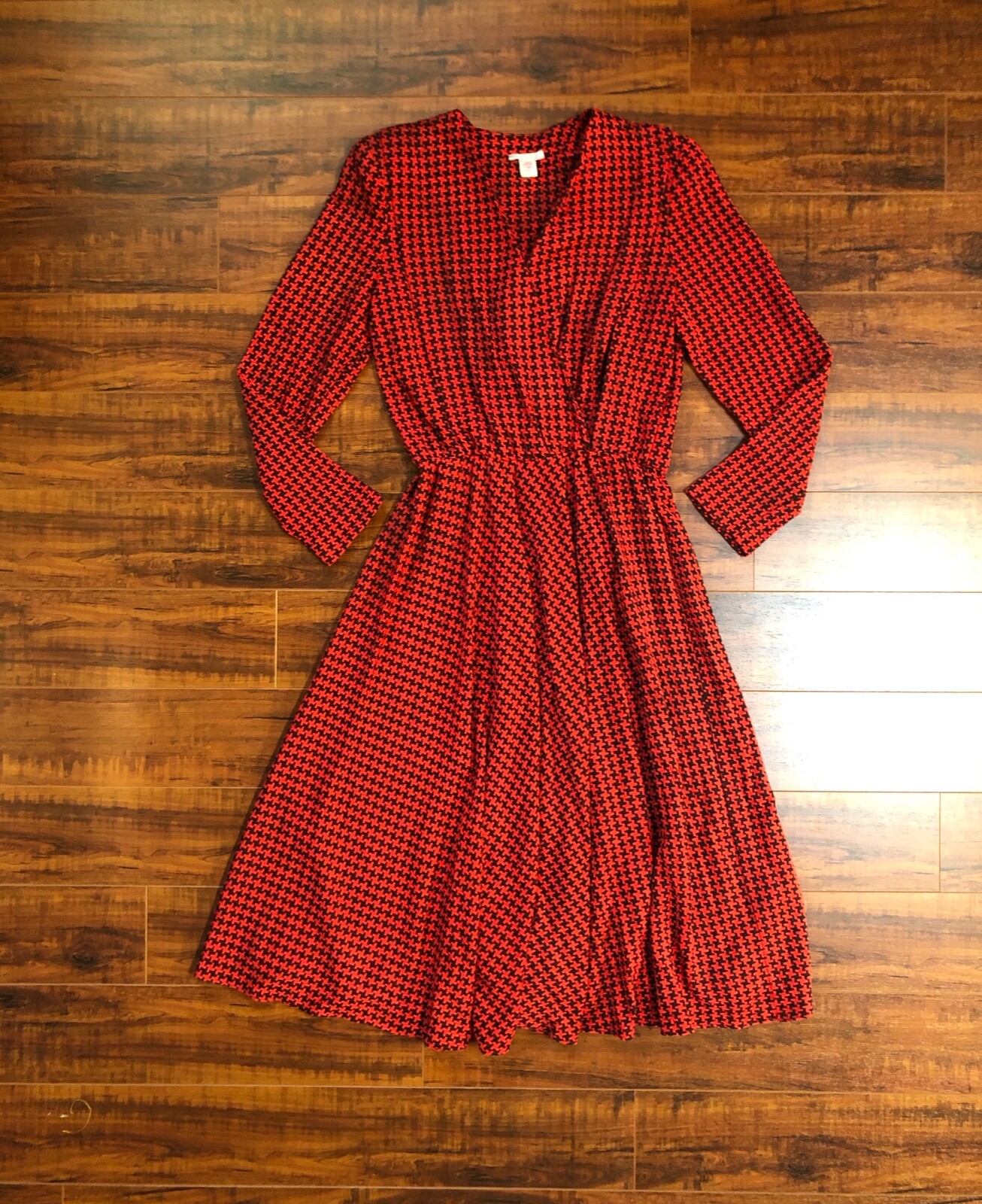 Vintage 90s MOD Retro Plunging Neck Black / Red Houndstooth Secretary Dress 12 L