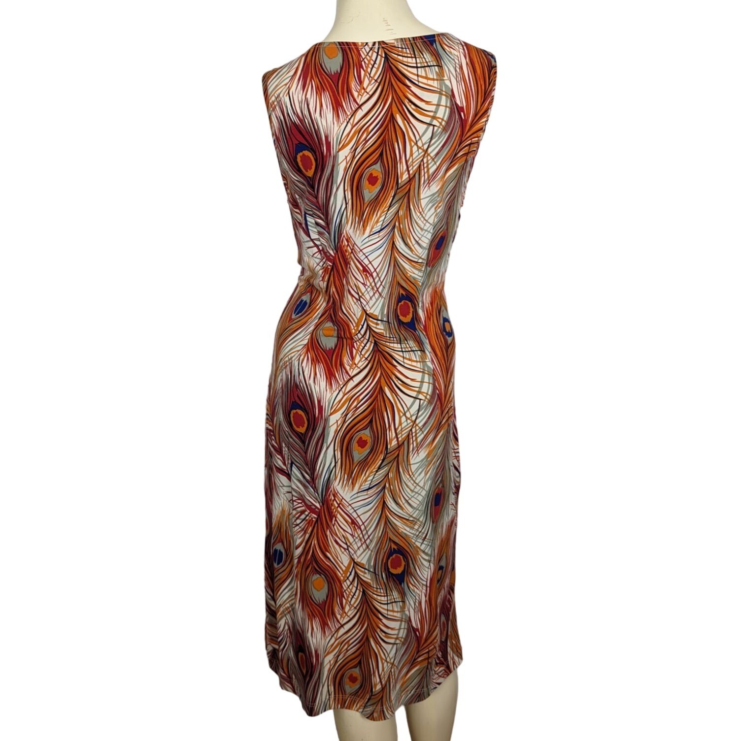 BCBG Dresses Large orange blue Peacock Feather print Vintage Empire Waist Y2K