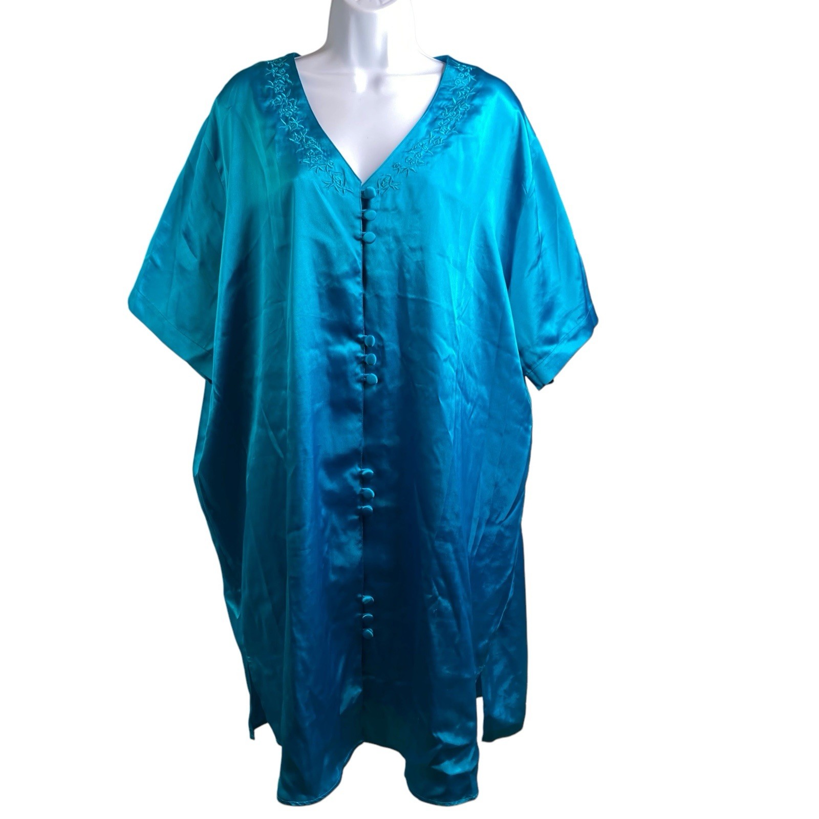 Vintage Solange Teal Satin Nightgown Size 18/20 Flowy Embroidered Loungewear