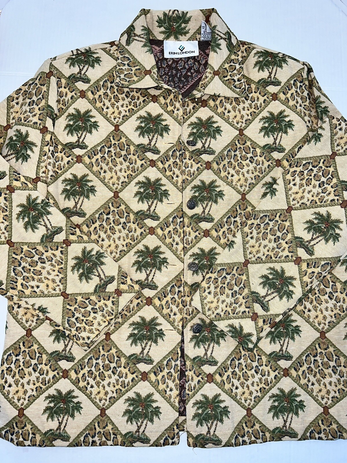 Erin London Women’s Medium Blazer Jacket Tapestry Textured Leopard Palm Tree EUC