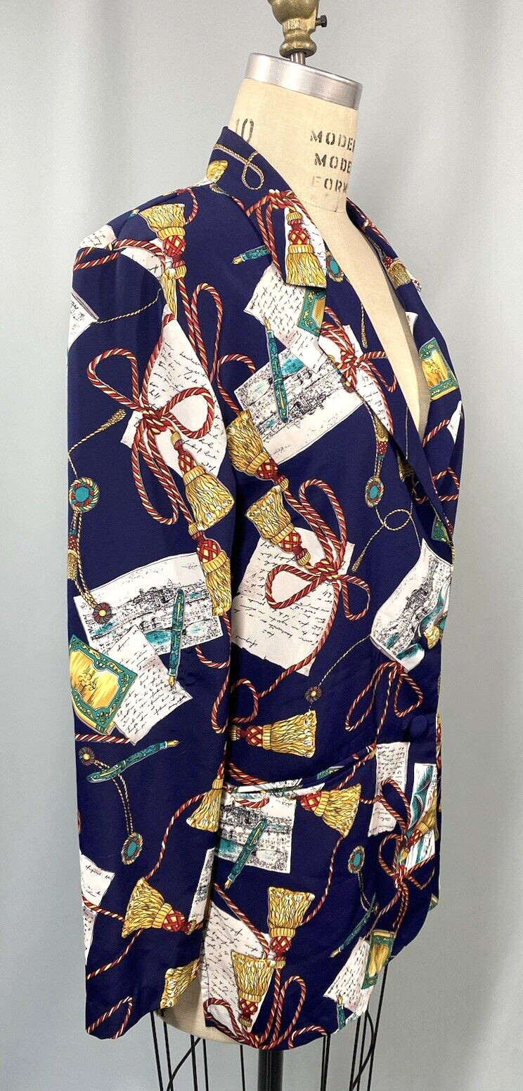 Vintage Women’s Jacket SIZE MEDIUM blue post card writing tassel 80s 90s
