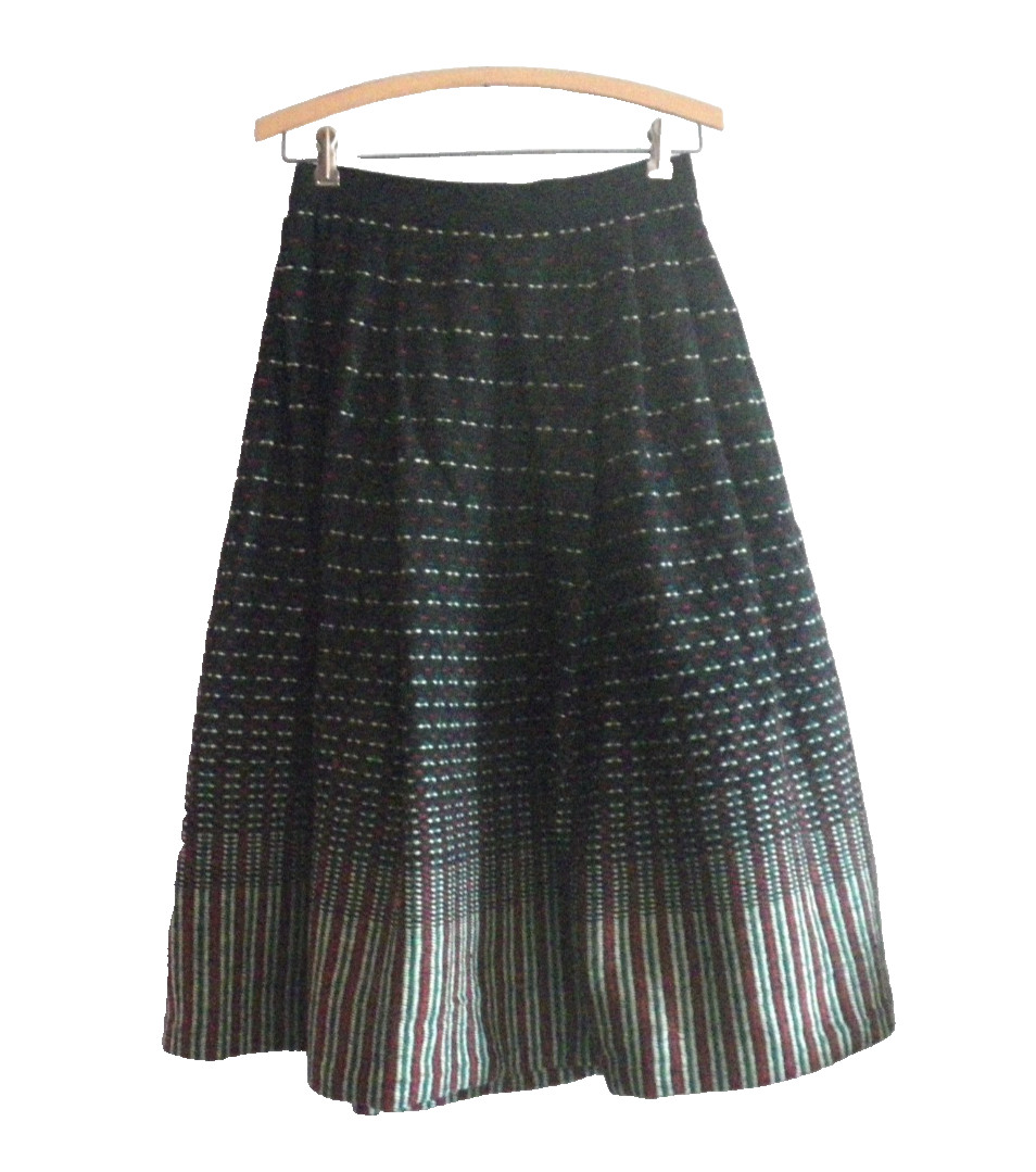 50s 60s Pleated Wool Skirt Handwoven Scandinavian Black Multicol SMALL Waist 26″