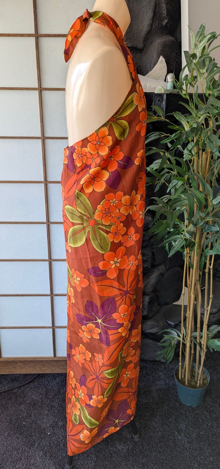 Vtg 1970s Pomare Tahiti Hawaiian Sarong Wrap Halter Dress Bright Orange L/XL