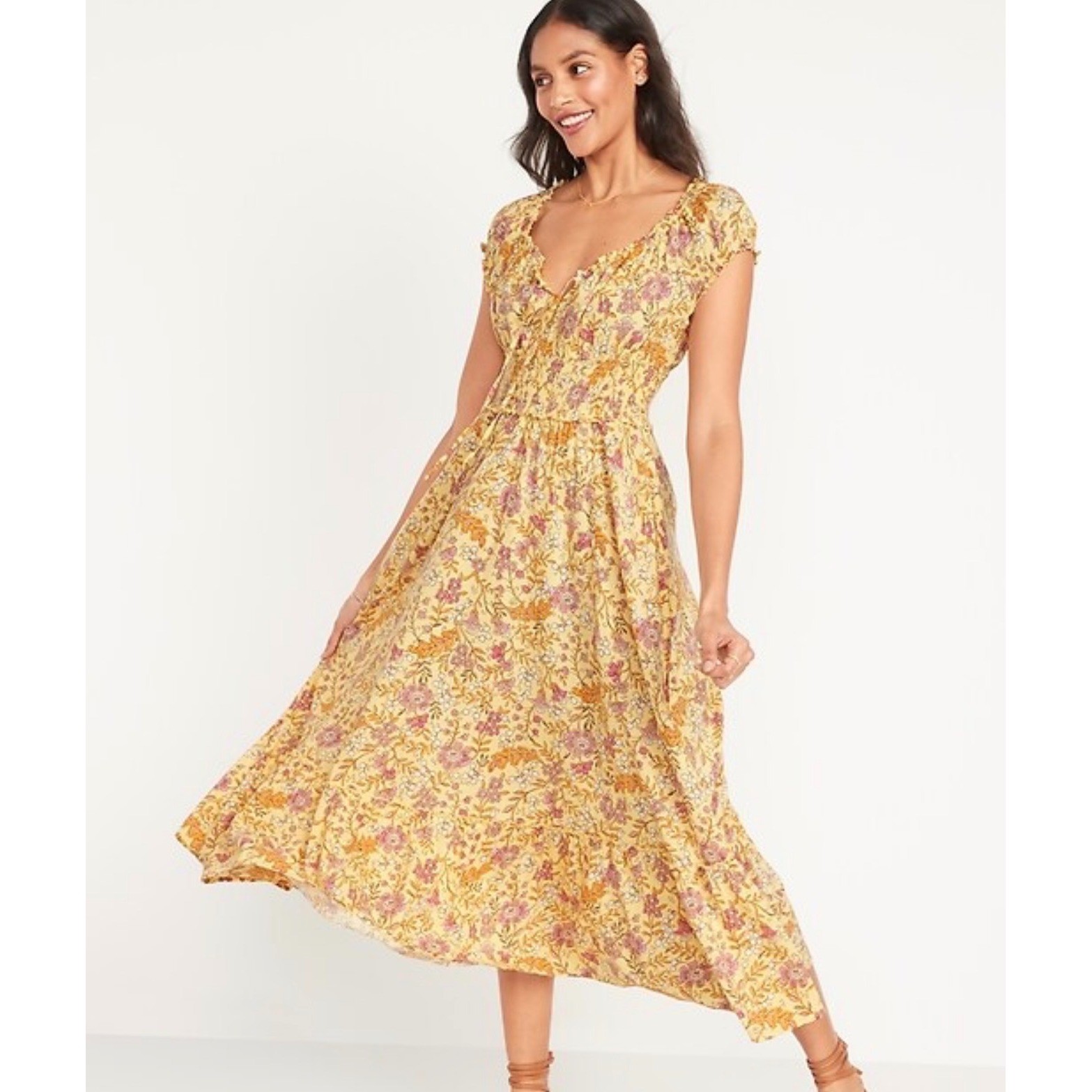 Old Navy Floral Smocked Waist Midi Dress Yellow Pink Cottagecore Plus Size 3X