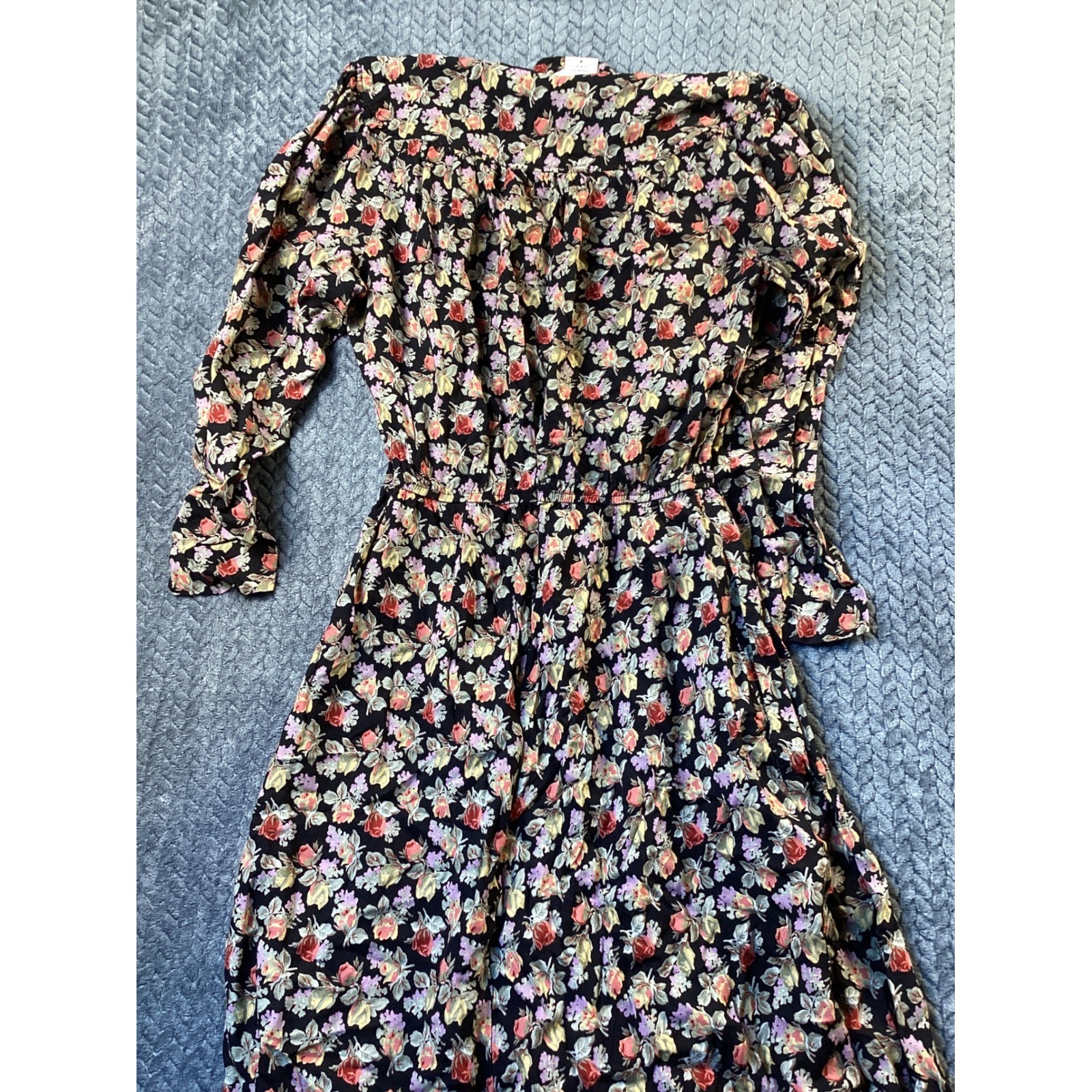 Vintage Leslie Fay Floral Midi Dress Black Long Sleeve 90s USA Made Size 8