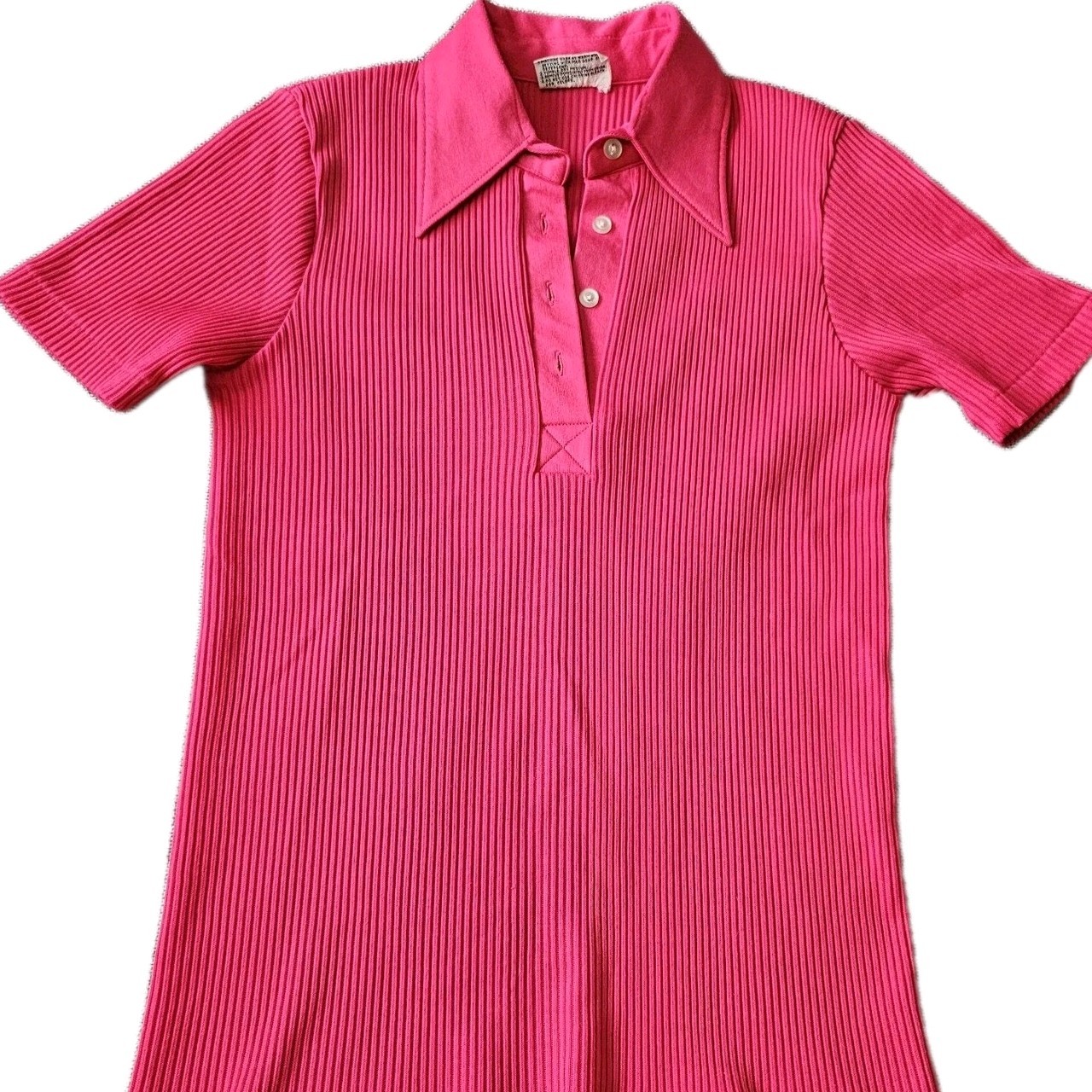 VTG MACYS Made In Japan Ribbed Knit Stretch Polo Top Wmns M Hot Pink 70s 80s Y2K
